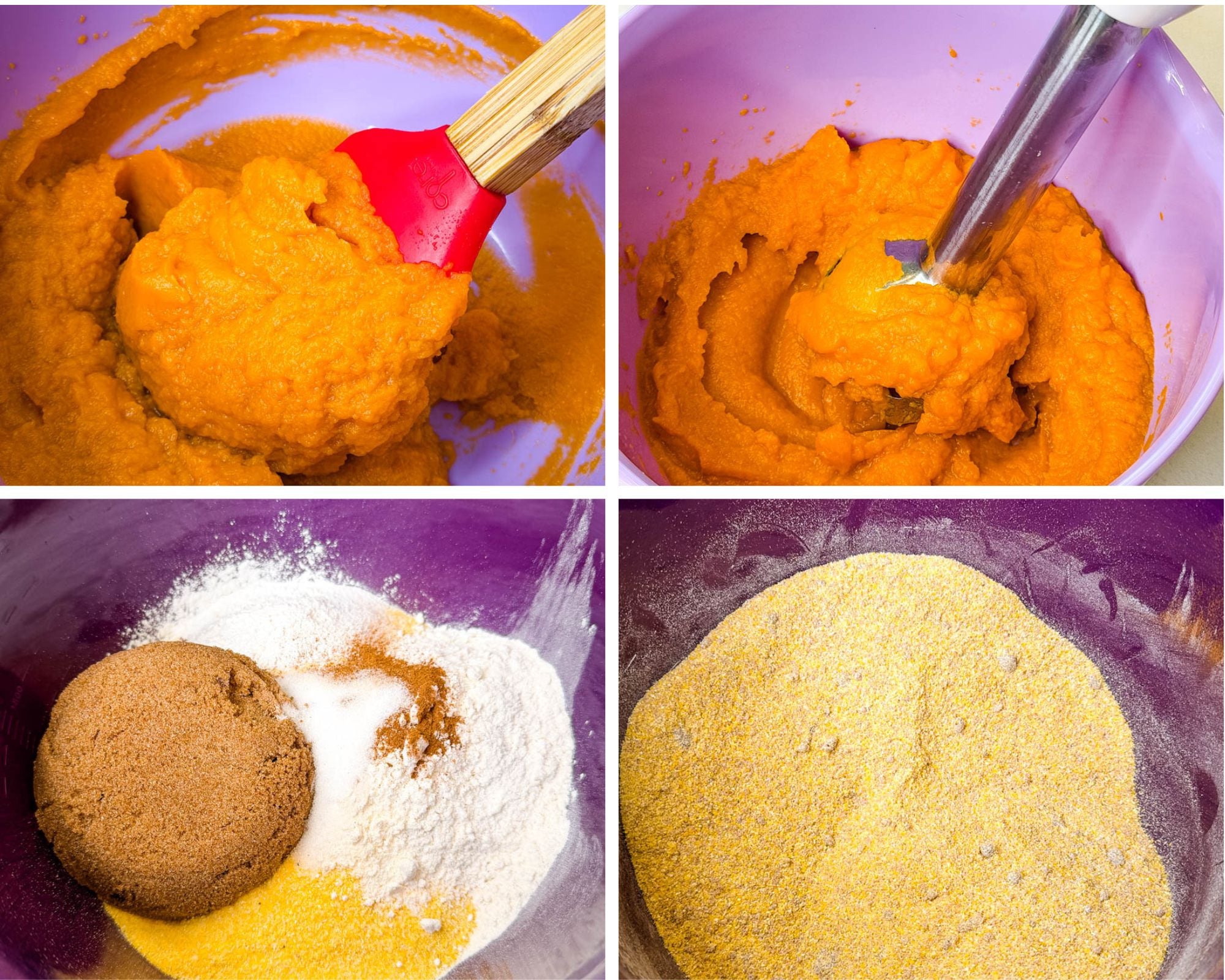 Collage featuring smooth sweet potato puree, an immersion blender blending sweet potatoes, and dry ingredients including cornmeal, flour, brown sugar, and spices in a mixing bowl.