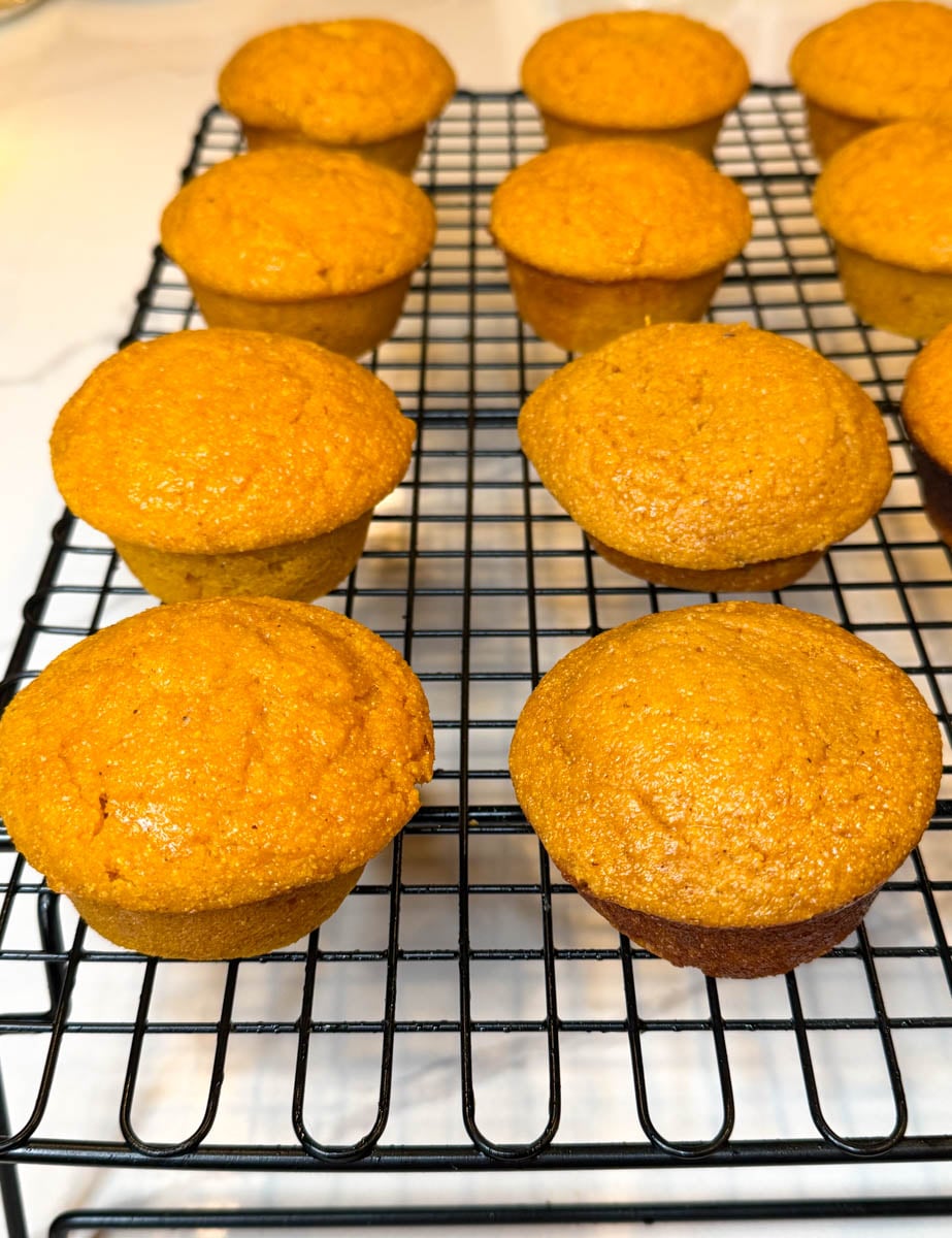 Pumpkin puree, eggs, honey, butter, buttermilk, and sour cream measured and ready to be mixed for pumpkin cornbread muffins.