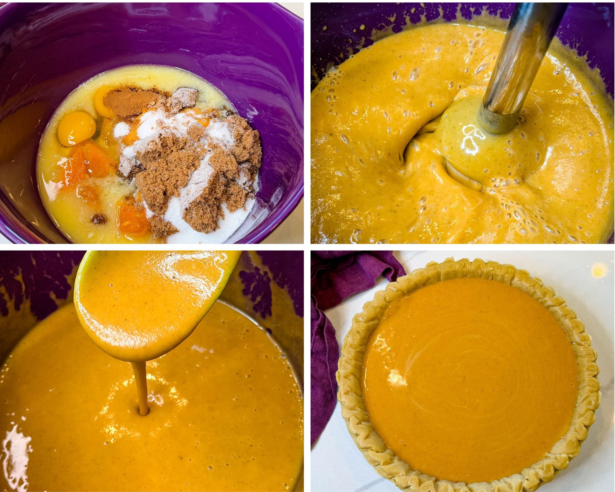 Step-by-step collage showing sweet potato pie filling ingredients in a mixing bowl, the filling blended until smooth, the creamy mixture poured into a prepared store bought crust, and the unbaked pie ready for the oven.