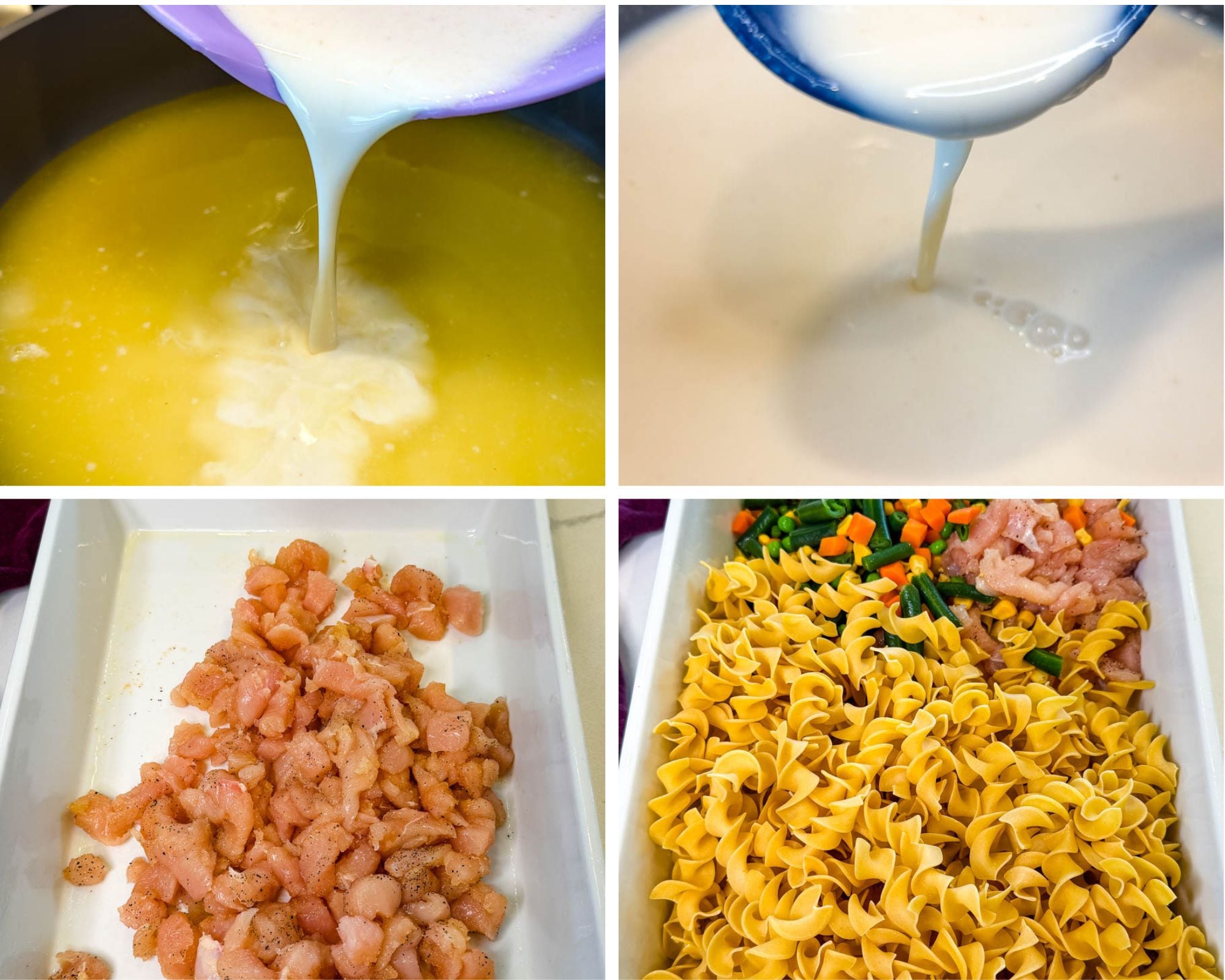 Process photos showing the creamy sauce for chicken noodle casserole being prepared and poured over seasoned chicken, uncooked egg noodles, and mixed vegetables in a baking dish.