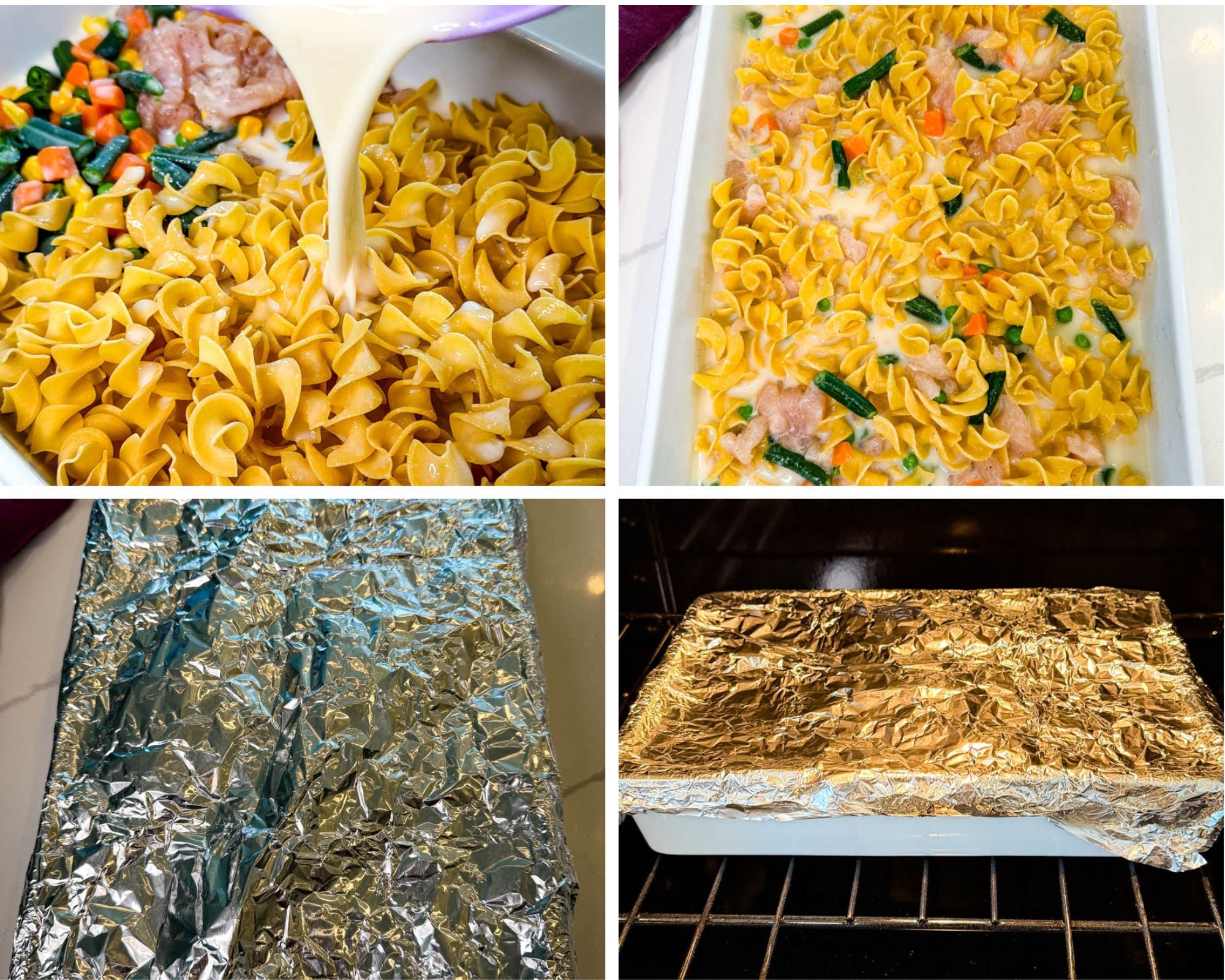 Step-by-step preparation of dump-and-bake chicken noodle casserole, including pouring the creamy sauce over uncooked egg noodles, chicken, and mixed vegetables and covering the casserole dish with foil before baking.