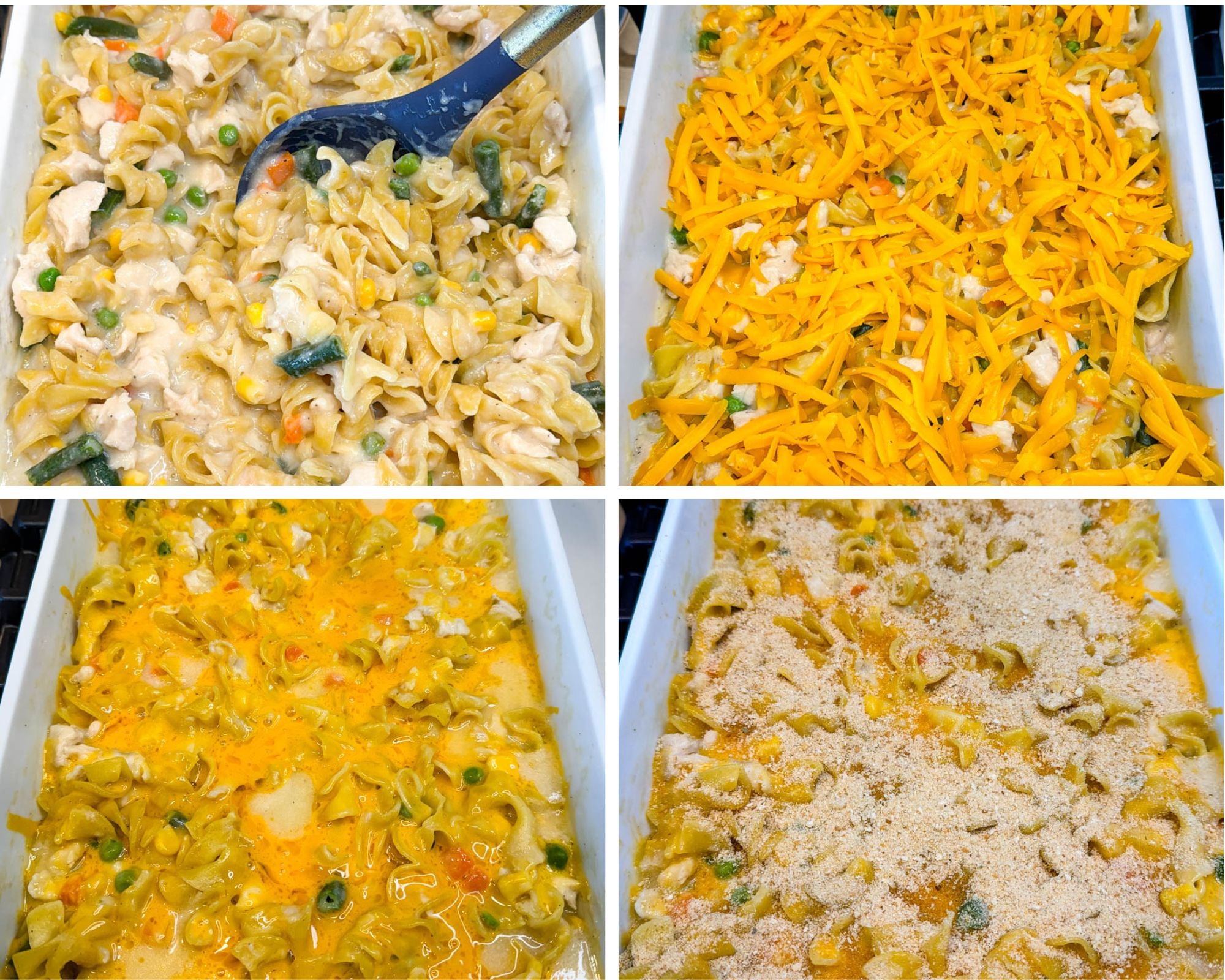 Creamy chicken noodle casserole with chicken, egg noodles, peas, carrots, corn, and green beans, shown during assembly with shredded cheddar cheese and breadcrumbs added on top.