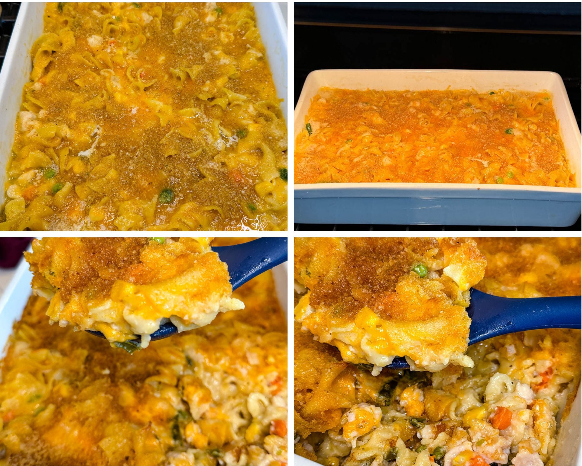 Dump-and-bake chicken noodle casserole shown before baking and fresh from the oven, with tender egg noodles, chicken, vegetables, melted cheese, and a golden breadcrumb topping.