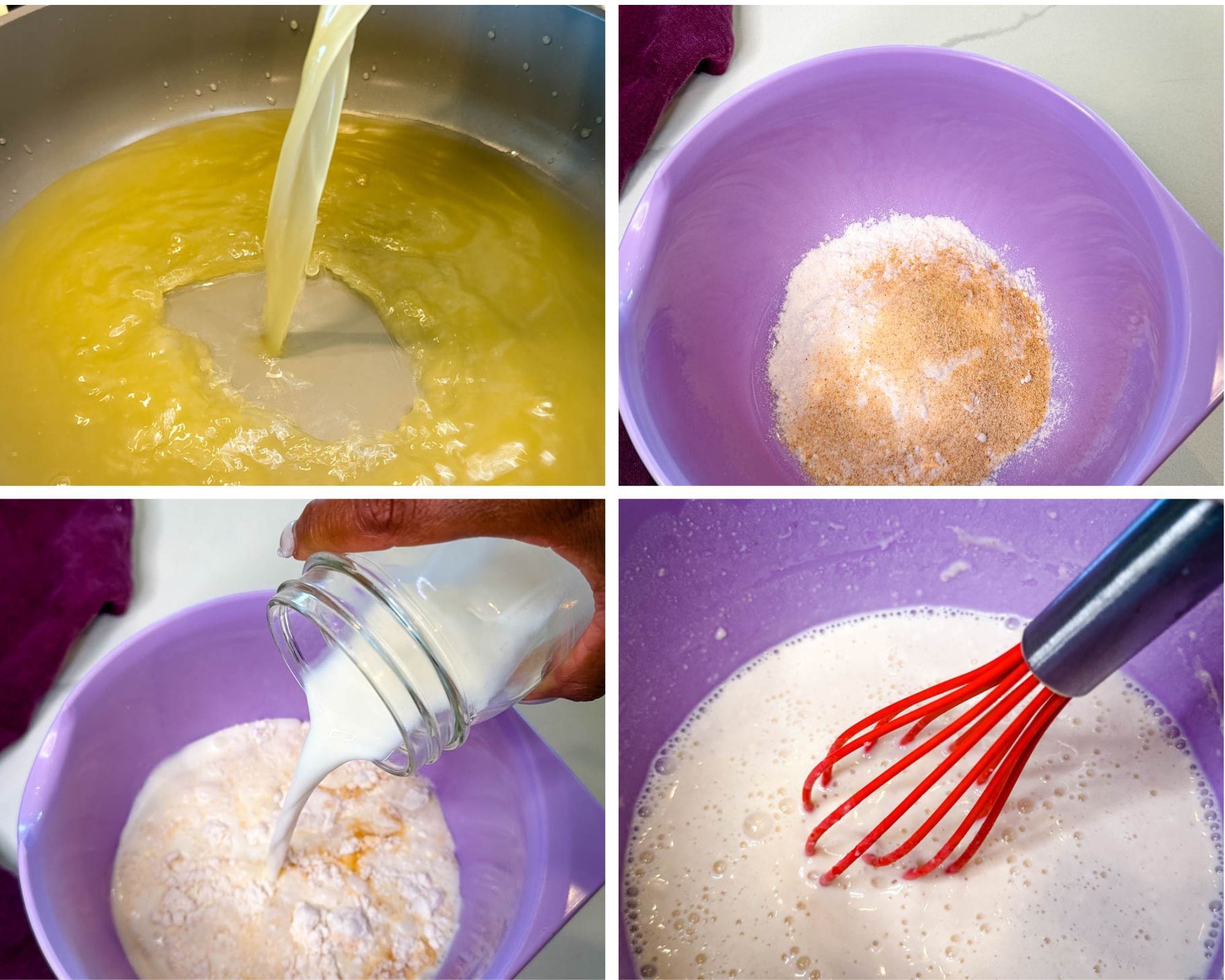Step-by-step photos showing the creamy casserole sauce made with broth, milk, and a seasoned flour mixture before being added to the chicken noodle casserole.