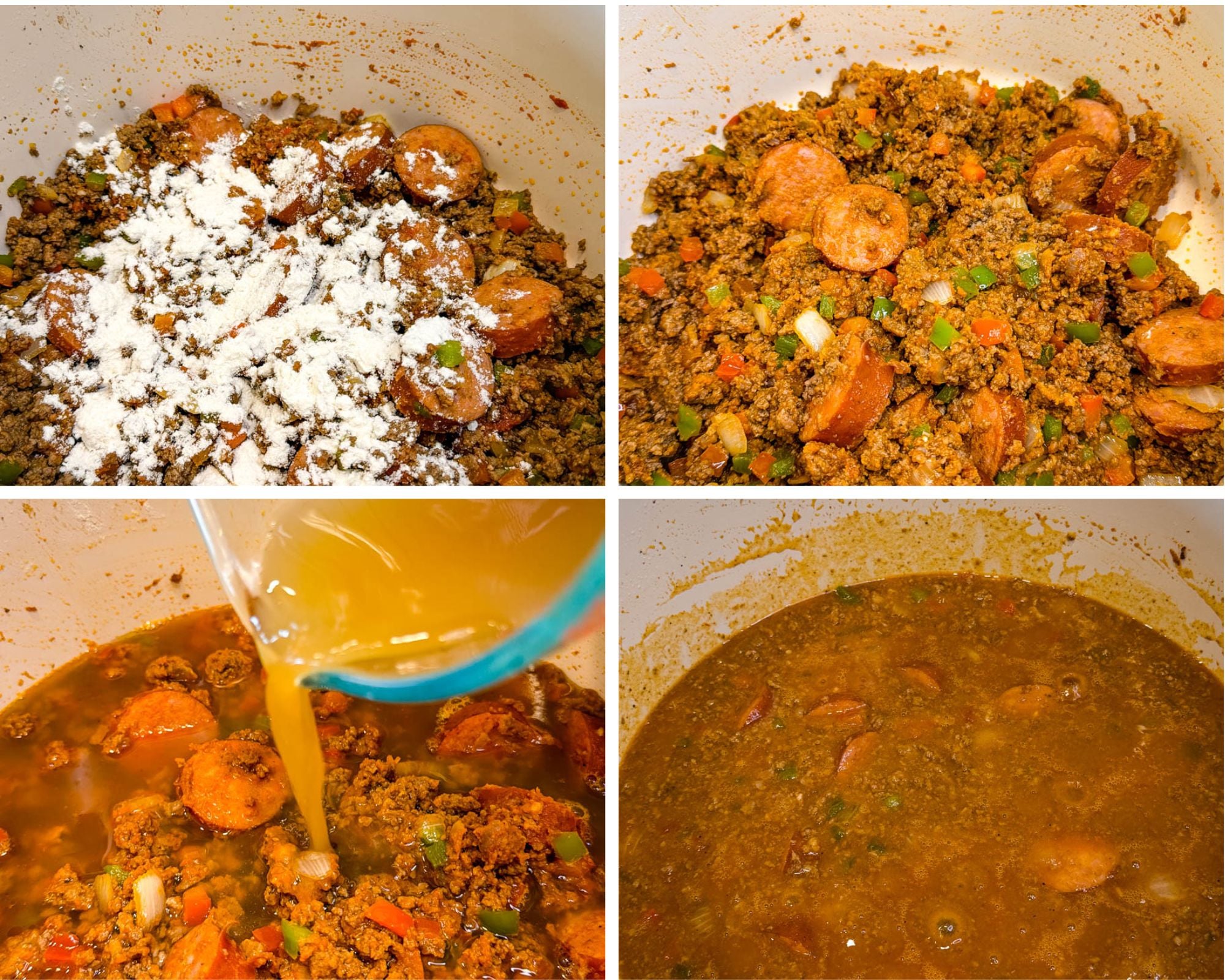 Step-by-step collage showing flour added to the meat mixture, the roux cooked, beef broth poured into the pot, and the finished dirty spaghetti sauce simmering.