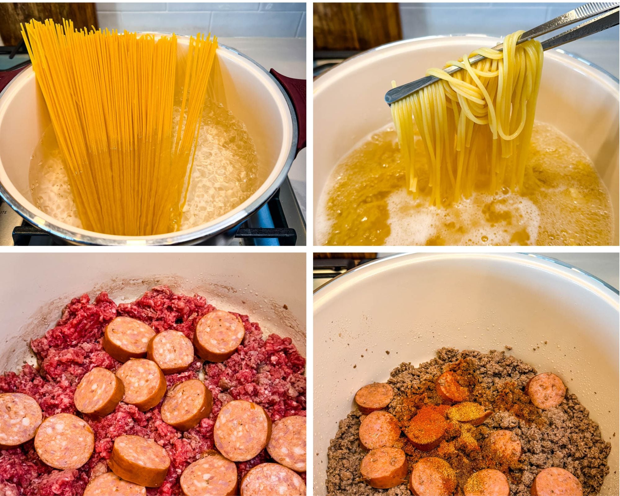 Step-by-step collage showing spaghetti boiling, cooked noodles lifted from the pot, ground beef and smoked sausage browning together, and Cajun seasonings added to the meat mixture.