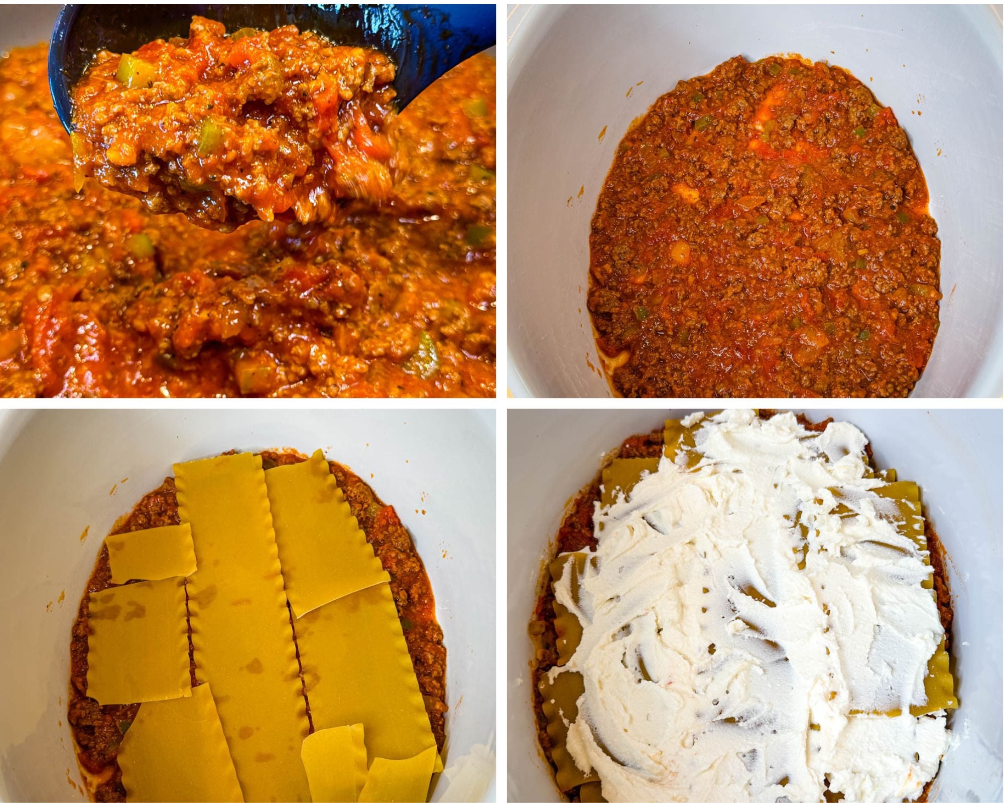 Four-step collage showing seasoned meat sauce, sauce spread in a slow cooker, uncooked lasagna noodles layered over the sauce, and a creamy ricotta cheese layer.