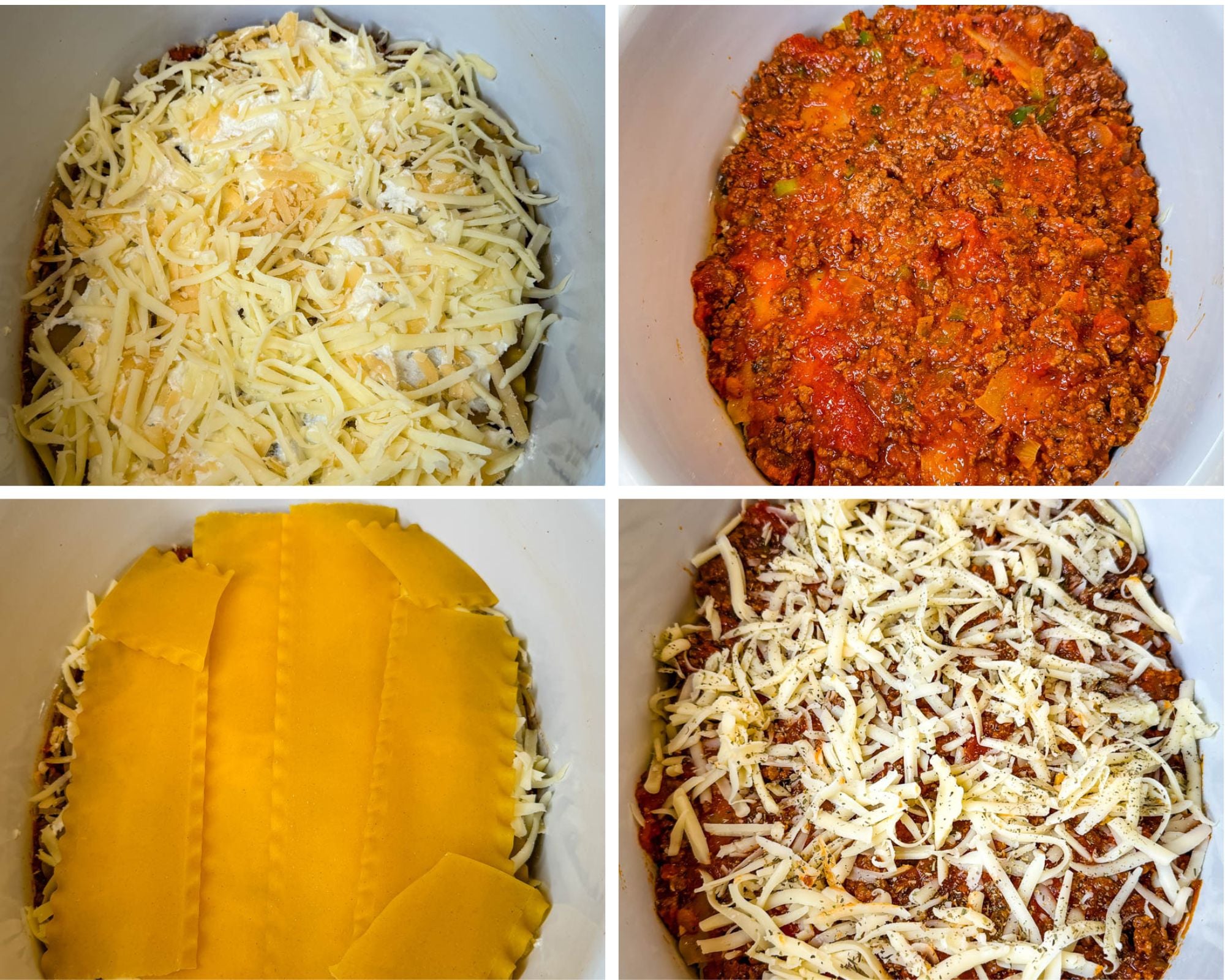 Four-step collage showing shredded cheese over the ricotta layer, another layer of meat sauce, uncooked lasagna noodles, and shredded cheese sprinkled over the top.