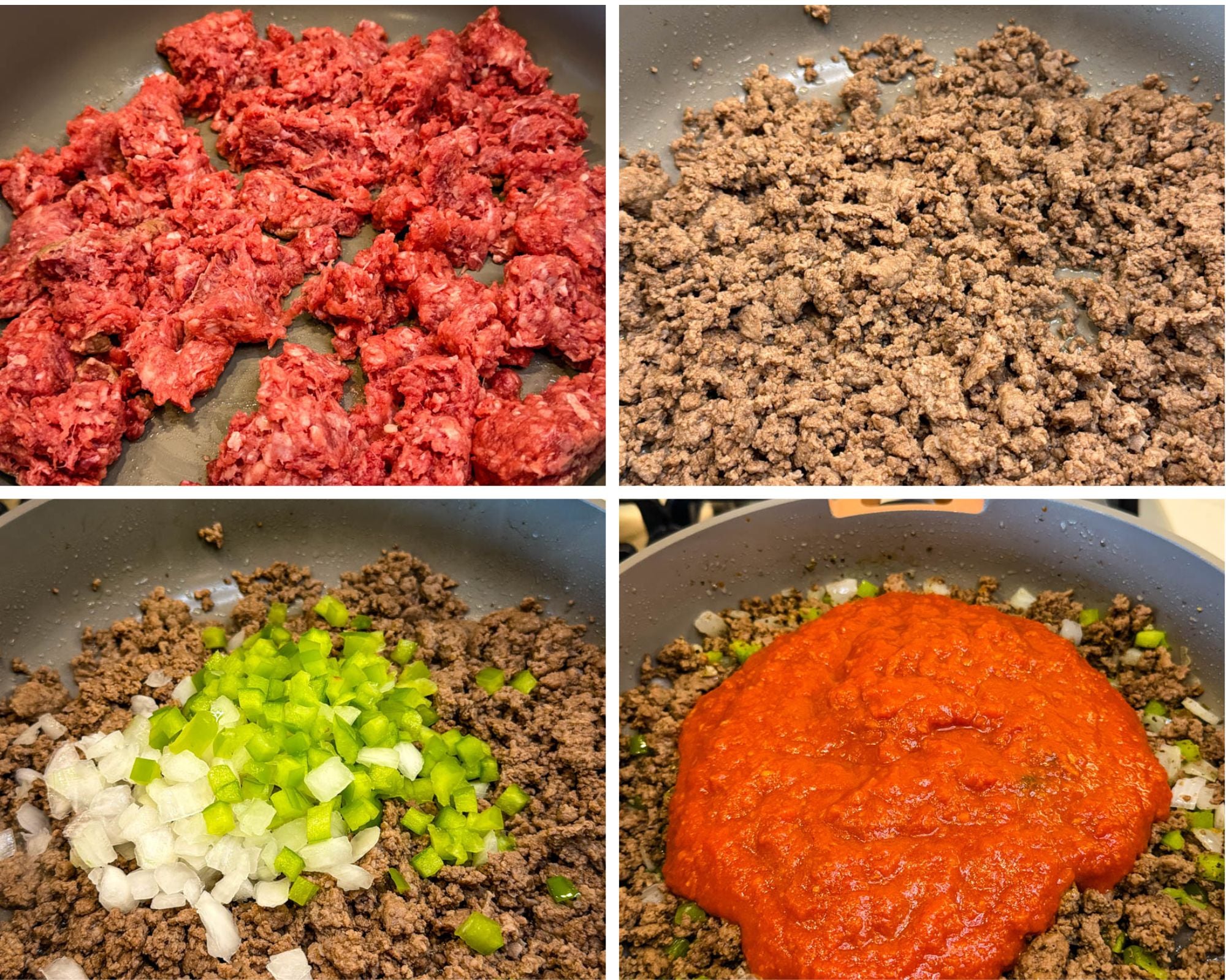 Four-step collage showing ground beef cooking in a skillet, browned crumbled beef, diced onions and green bell peppers added to the meat, and marinara sauce poured over the mixture.