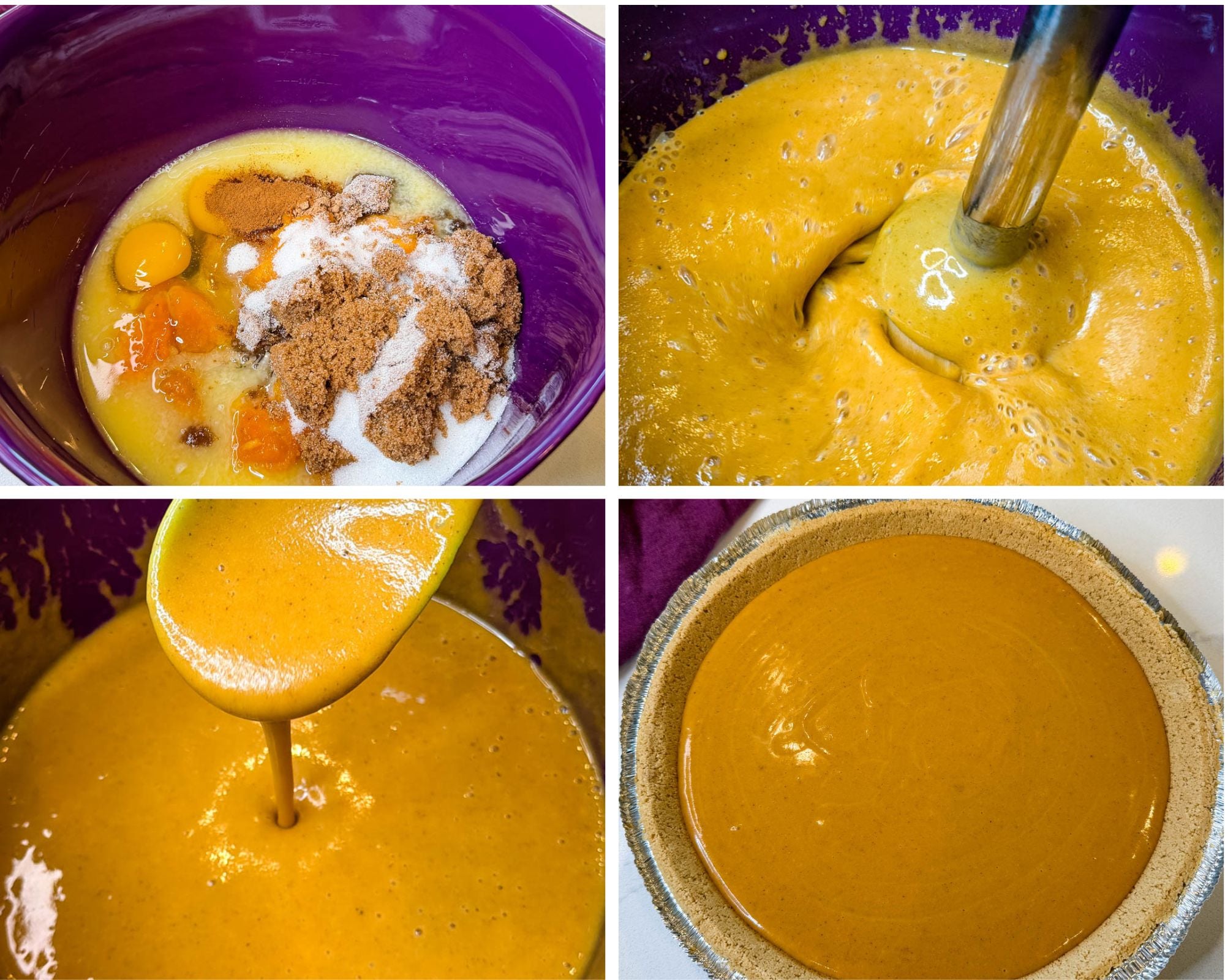 Step-by-step collage showing sweet potato pie filling ingredients in a mixing bowl, the filling blended until smooth, the creamy mixture poured into a prepared graham cracker crust, and the unbaked pie ready for the oven.