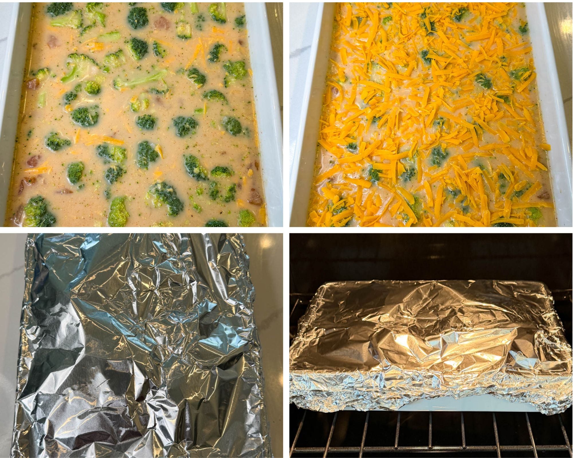 Four-step collage showing broccoli, chicken, rice, and creamy sauce in a casserole dish, topped with shredded cheddar cheese, covered with foil, and placed in the oven.