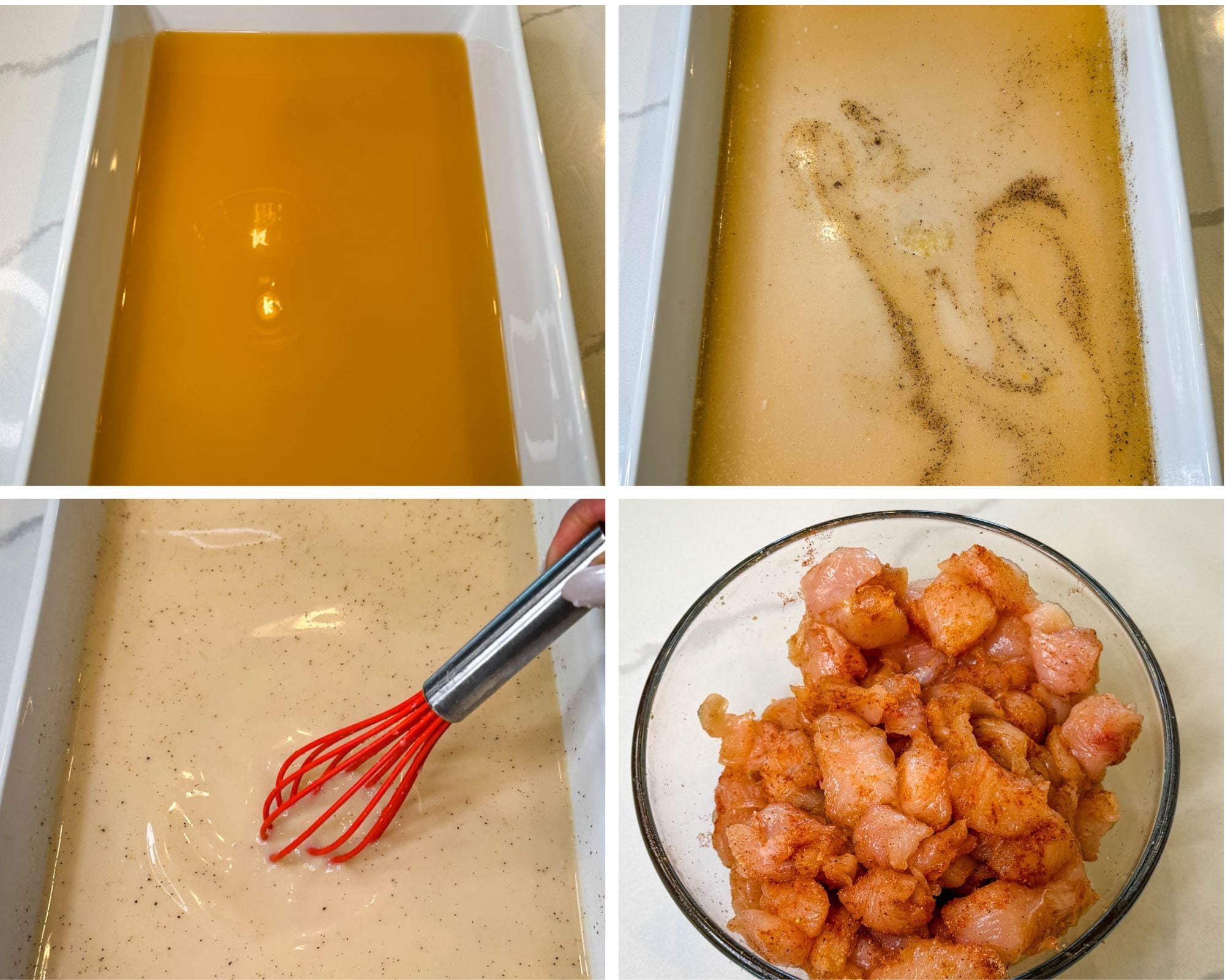 Four-step collage showing broth and creamy seasoned sauce prepared in a casserole dish alongside seasoned chunks of raw chicken before assembling the casserole.