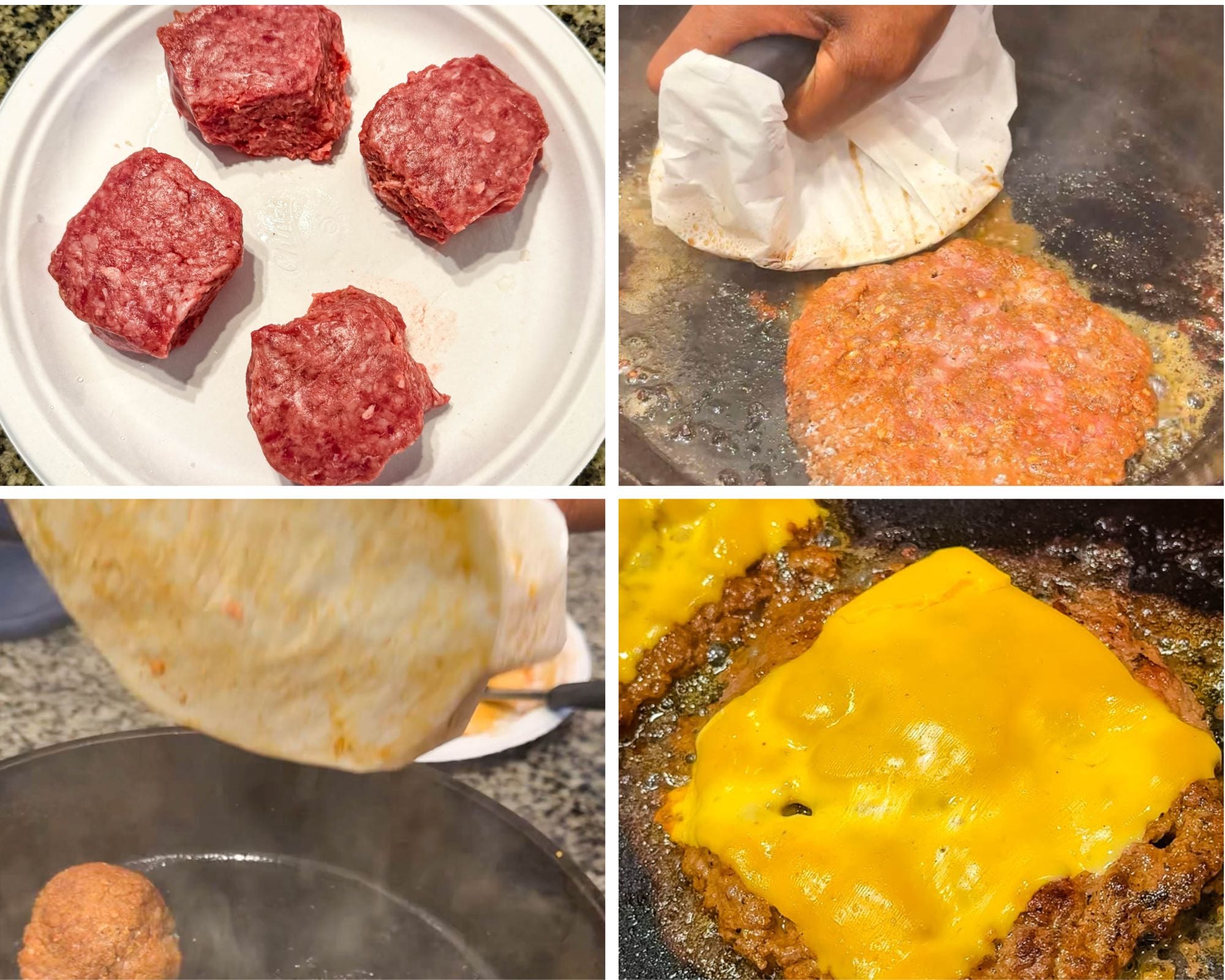 Collage showing the smash burger cooking process, including ground beef portions, a burger patty being smashed on a hot griddle, and a cooked patty topped with melted cheese.
