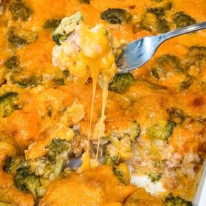 Close-up of cheesy chicken broccoli rice casserole with a fork lifting a bite of chicken, broccoli, and rice with melted cheddar cheese stretching from the baking dish.