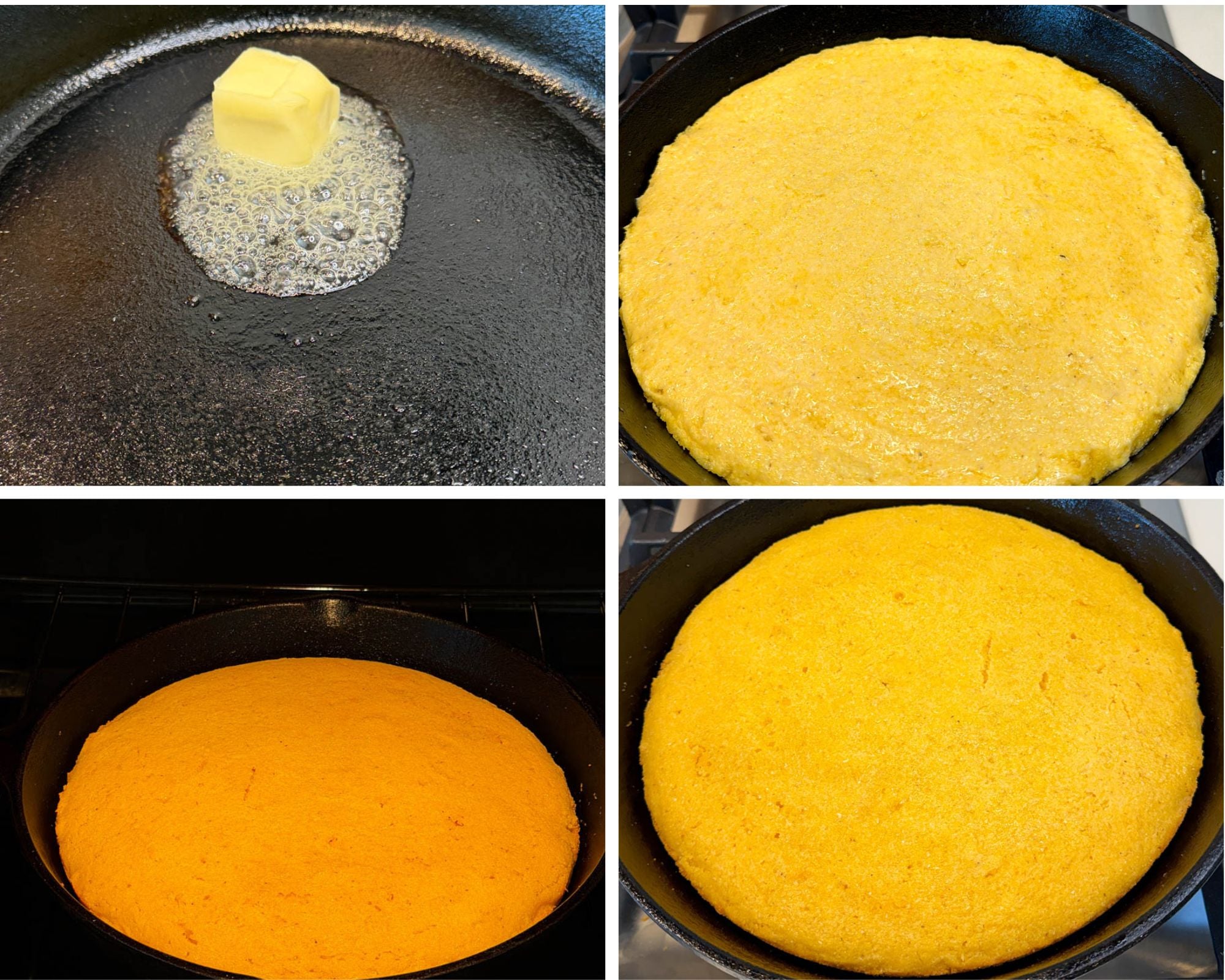 Homemade cornbread baked in a cast iron skillet, from melting butter in the pan to the finished golden cornbread.