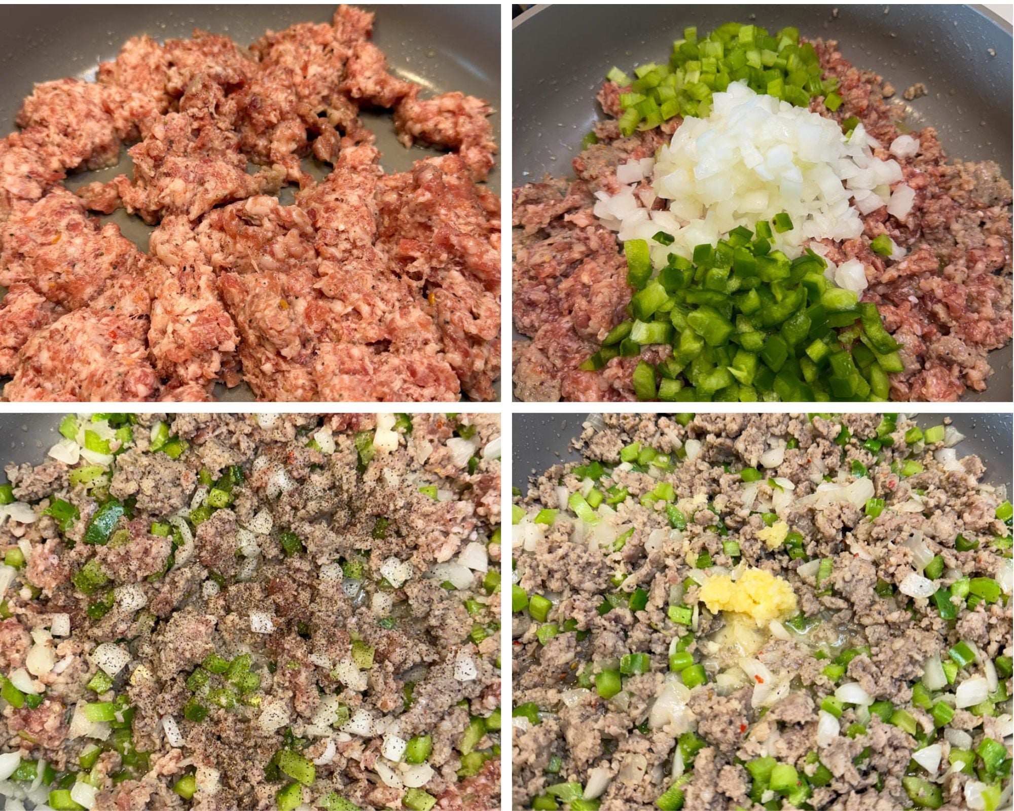 Ground sausage cooking in a skillet with chopped onions, green peppers, seasonings, and garlic for homemade cornbread dressing.