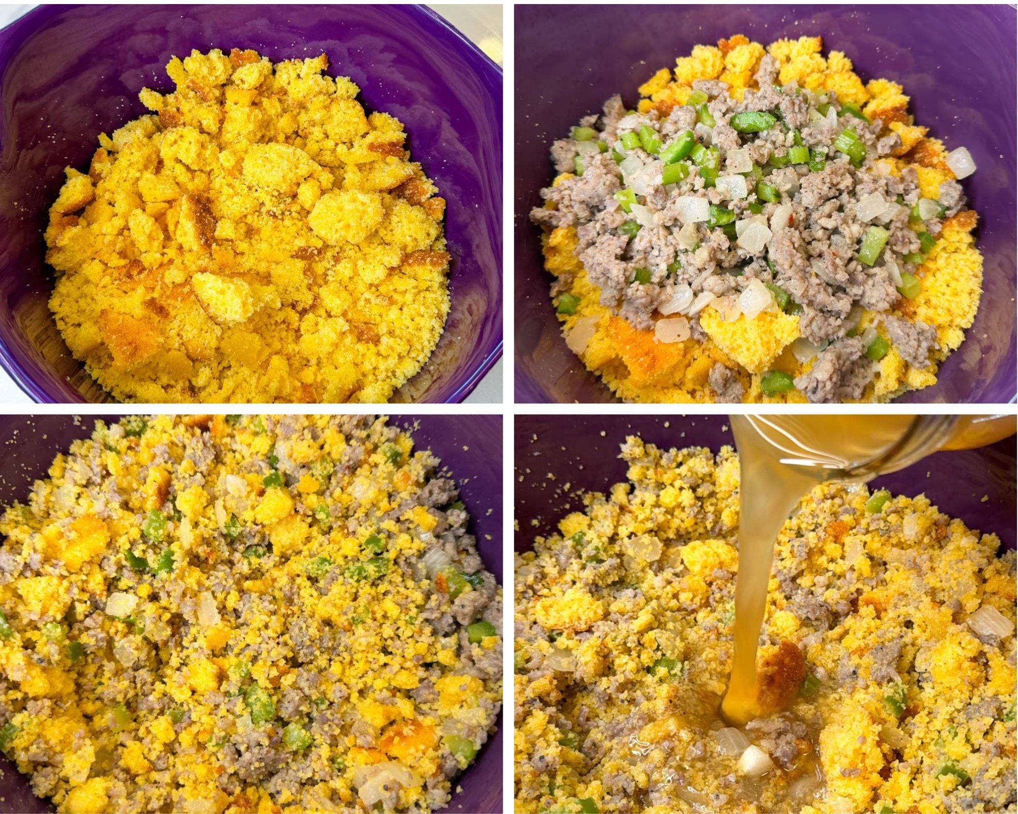 Homemade cornbread crumbled in a large bowl, topped with cooked sausage, onions, and chopped green peppers for cornbread dressing.
