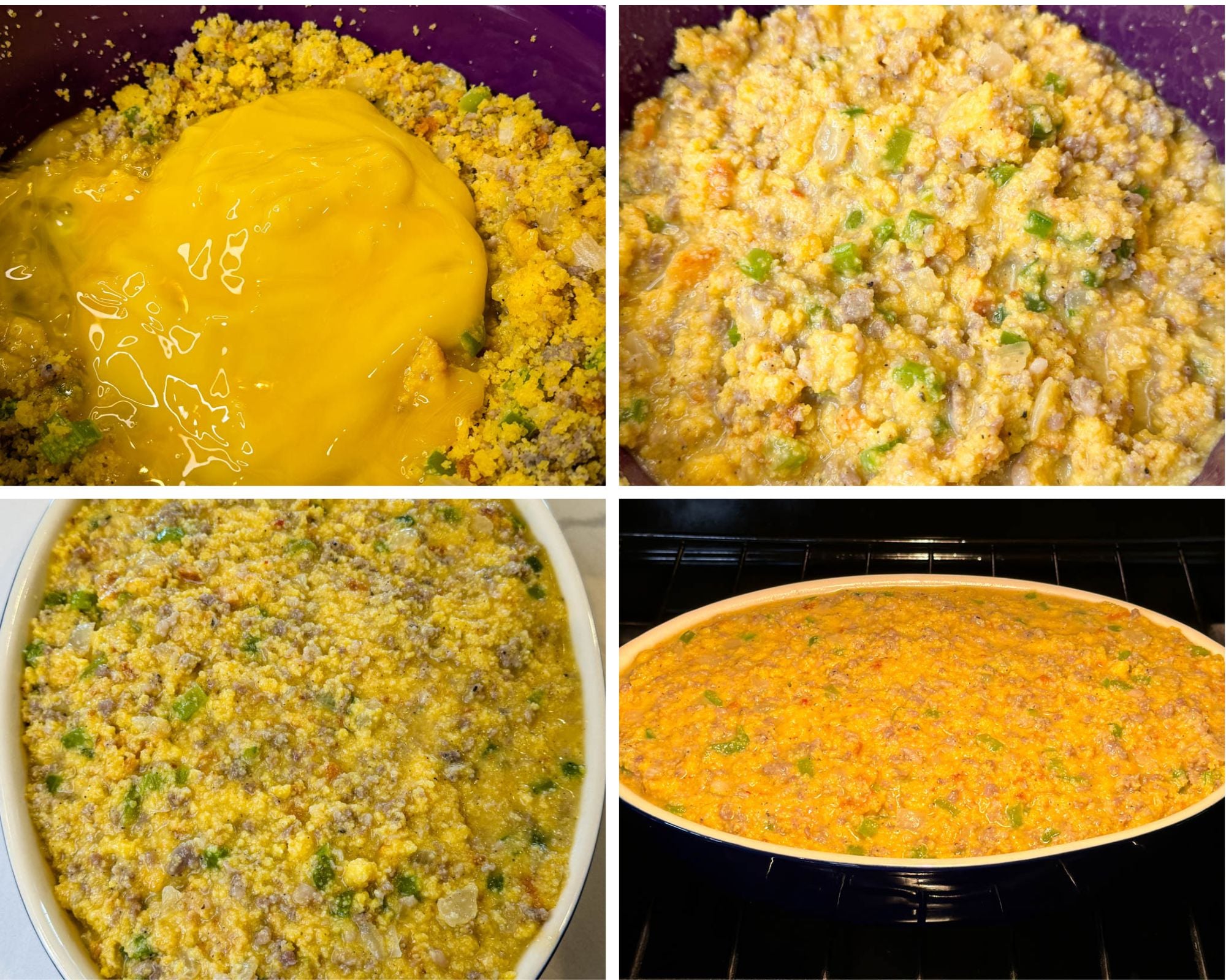 Cornbread dressing mixture with crumbled cornbread, cooked sausage, onions, green peppers, broth, and cream soup being combined before baking.