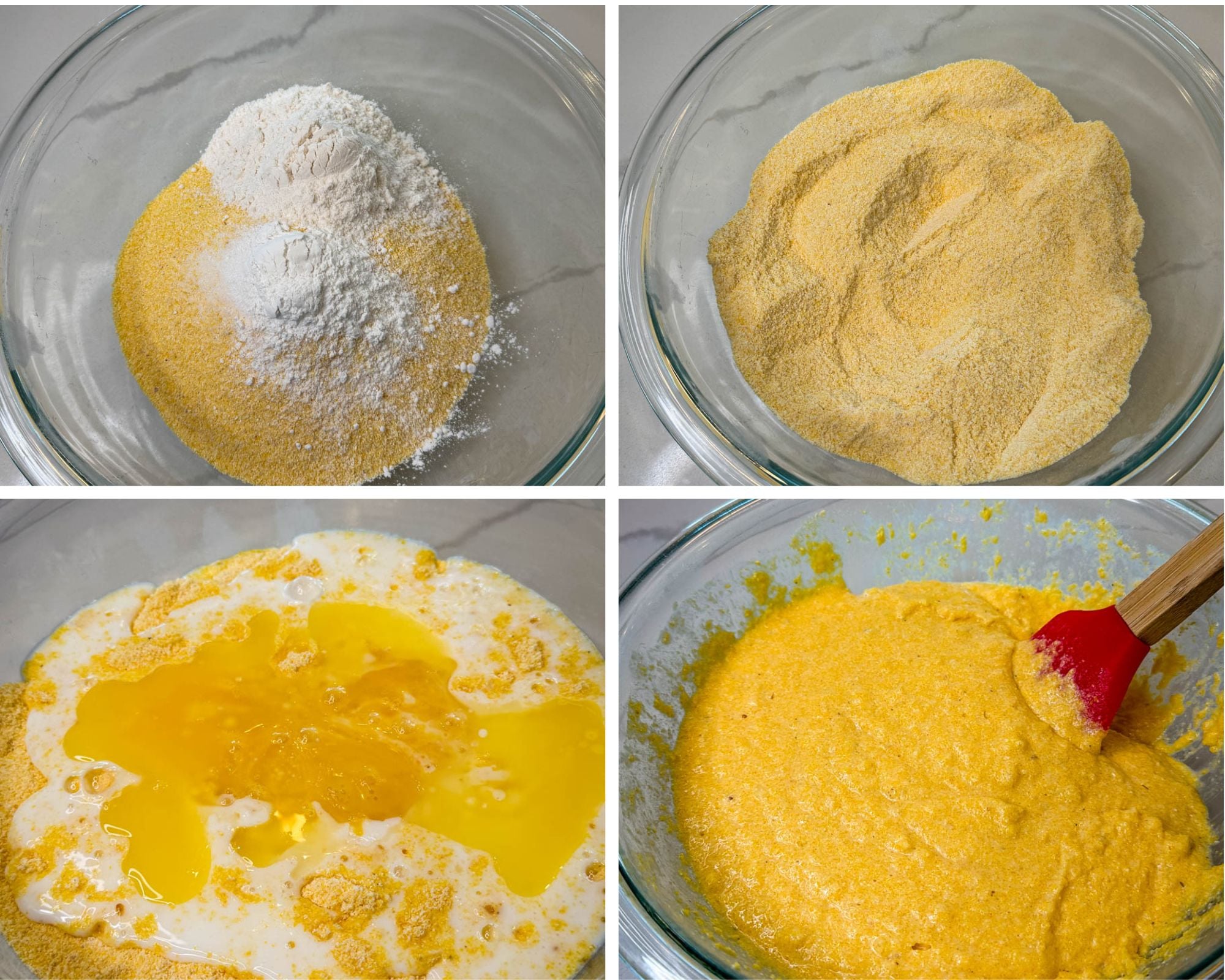 Cornbread batter preparation showing cornmeal and dry ingredients mixed with eggs, milk, and melted butter before baking.