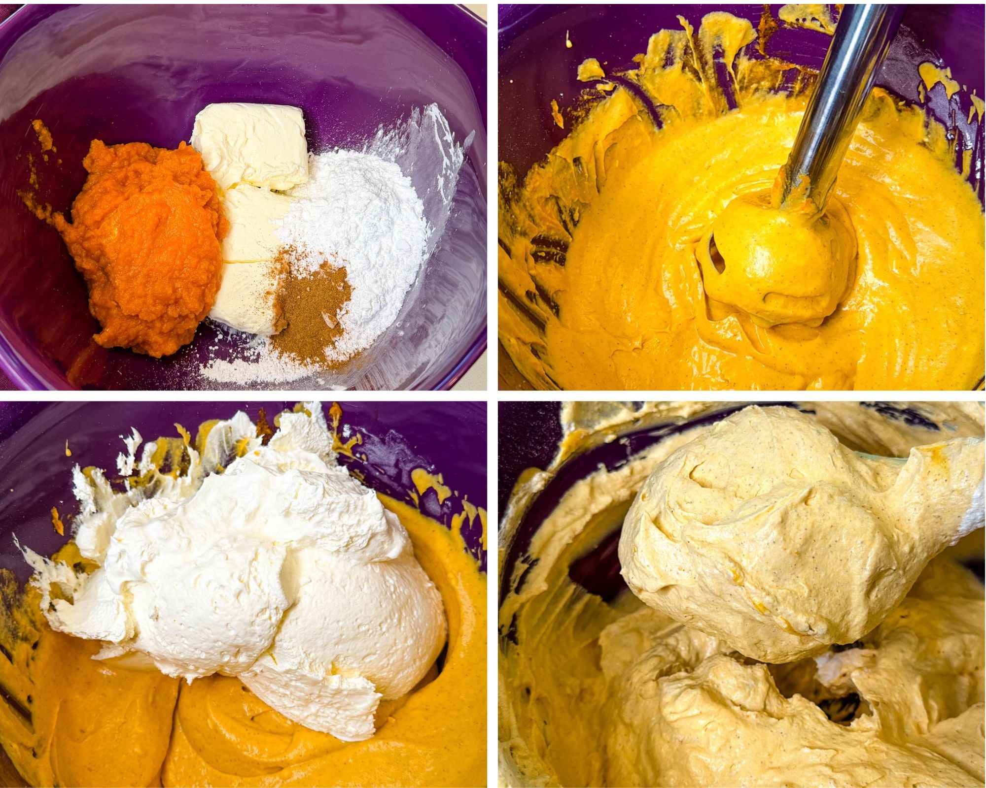 Four-step collage showing pumpkin cheesecake dip preparation with pumpkin puree, cream cheese, powdered sugar, and spices blended until smooth, then folded with whipped topping until thick and creamy.