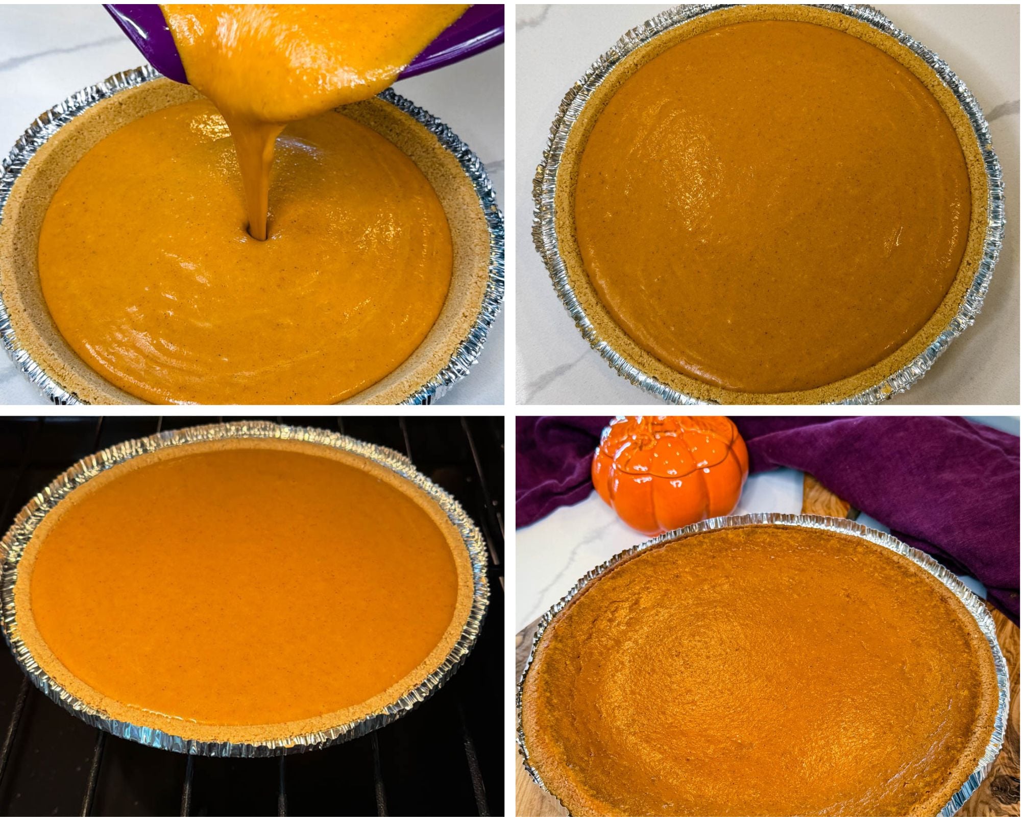 Pumpkin pie with graham cracker crust baking in the oven until the filling is set.