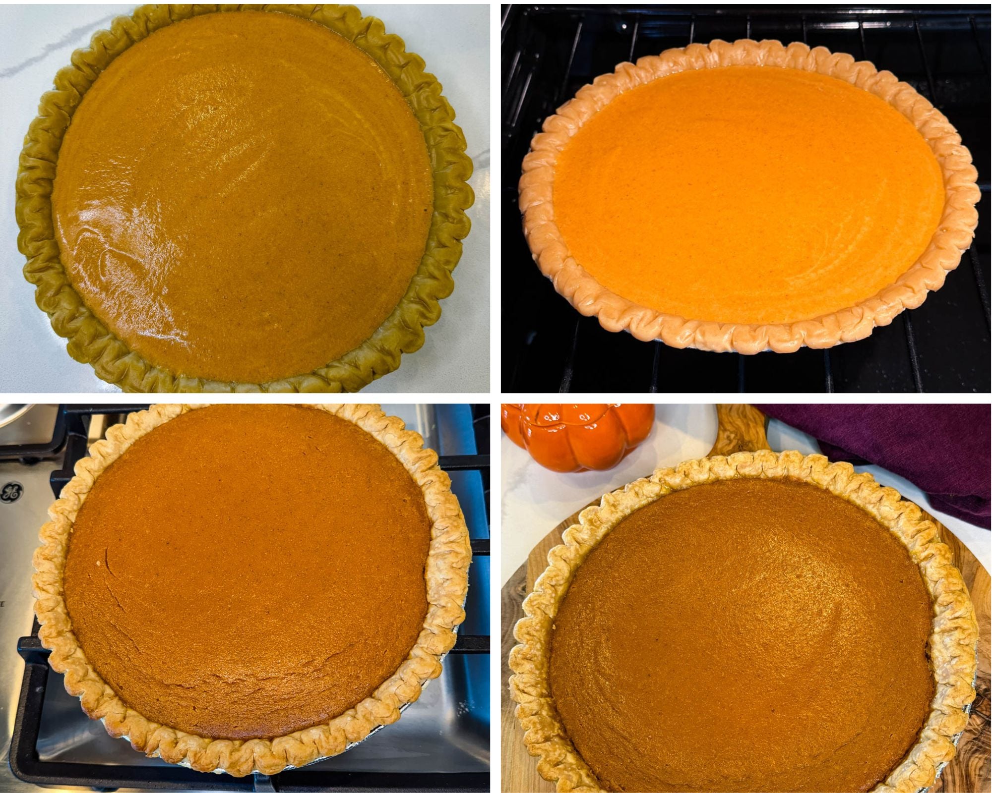 Collage showing pumpkin pie before baking, inside the oven, freshly baked, and cooled with a golden brown frozen crust.