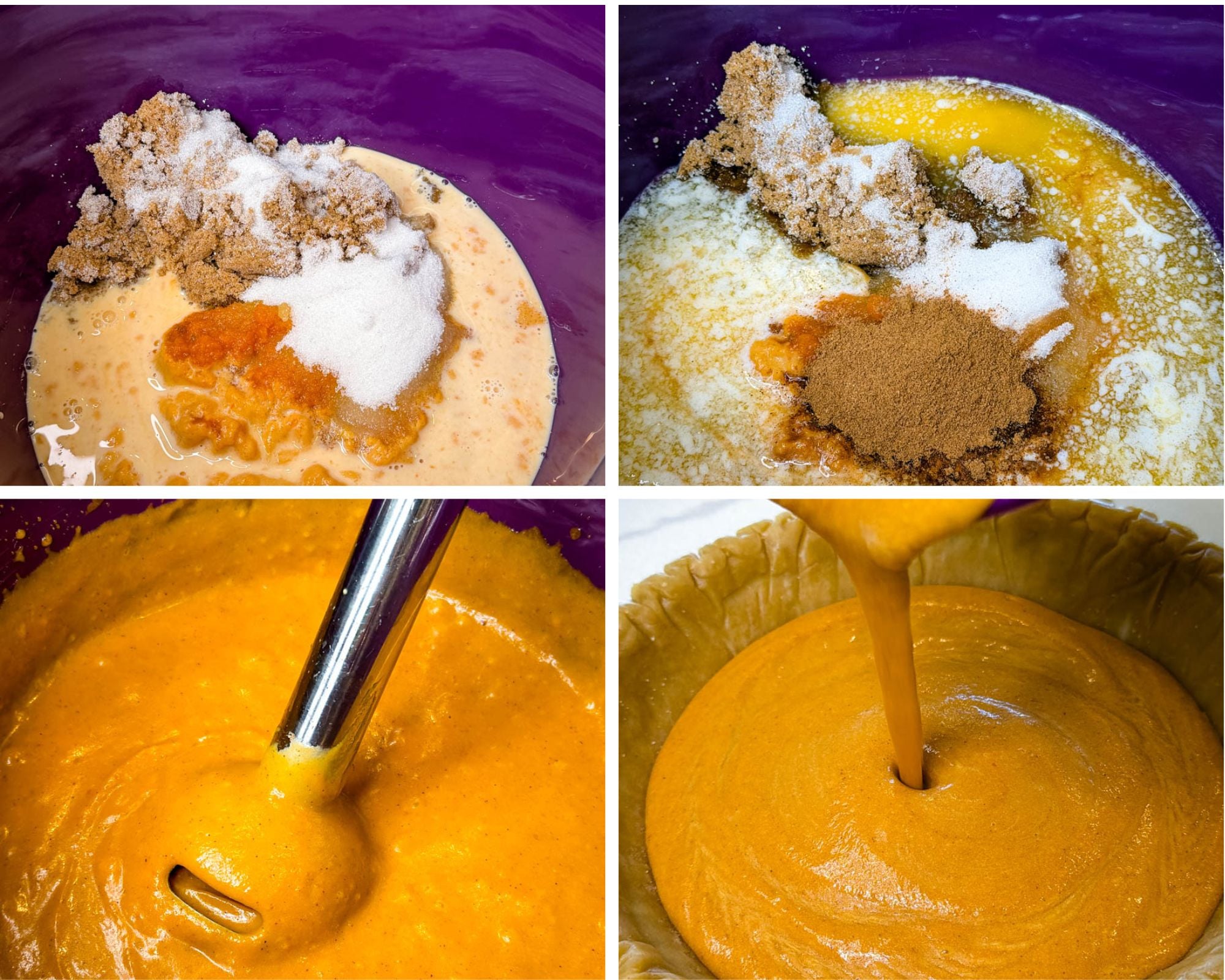Collage showing pumpkin pie filling ingredients, melted butter and spices, blended pumpkin filling, and the filling being poured into a frozen pie crust.