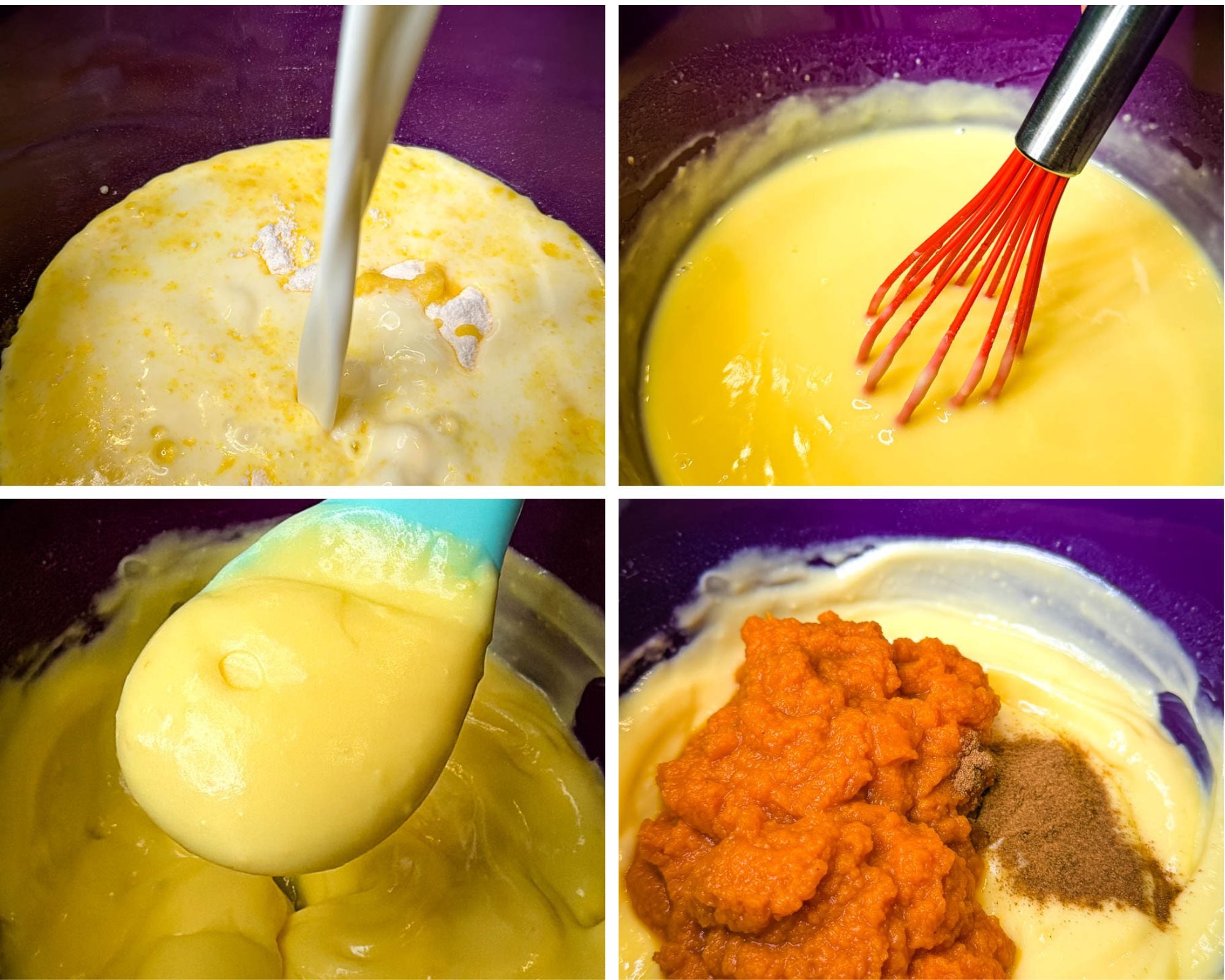 Four-step collage showing pumpkin pie dip preparation with milk poured over vanilla pudding mix, the pudding whisked until smooth and thick, and pumpkin puree and pumpkin pie spice added to the mixture.