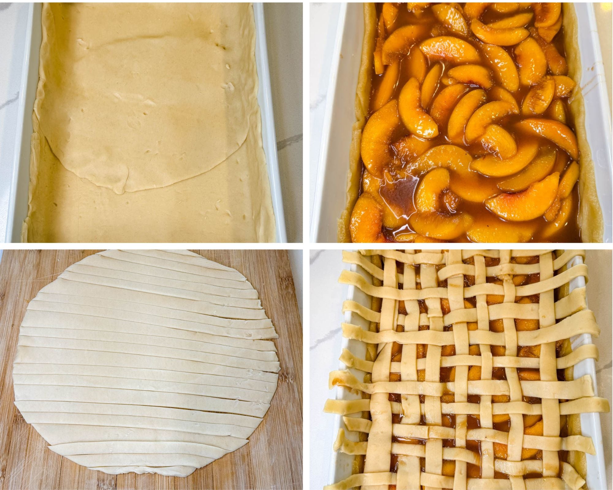 Step-by-step collage showing a double-crust peach cobbler with pie crust pressed into a baking dish, peach filling added, pie crust cut into strips, and a lattice crust arranged on top.