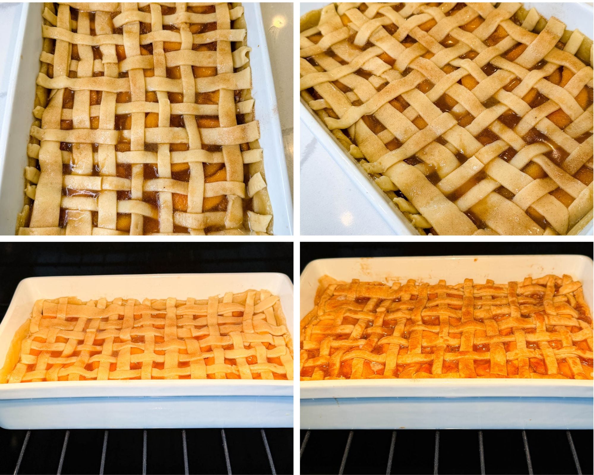 Step-by-step collage showing the peach cobbler lattice crust before baking, including the assembled crust, cinnamon-sugar topping, and the cobbler baking until golden brown.