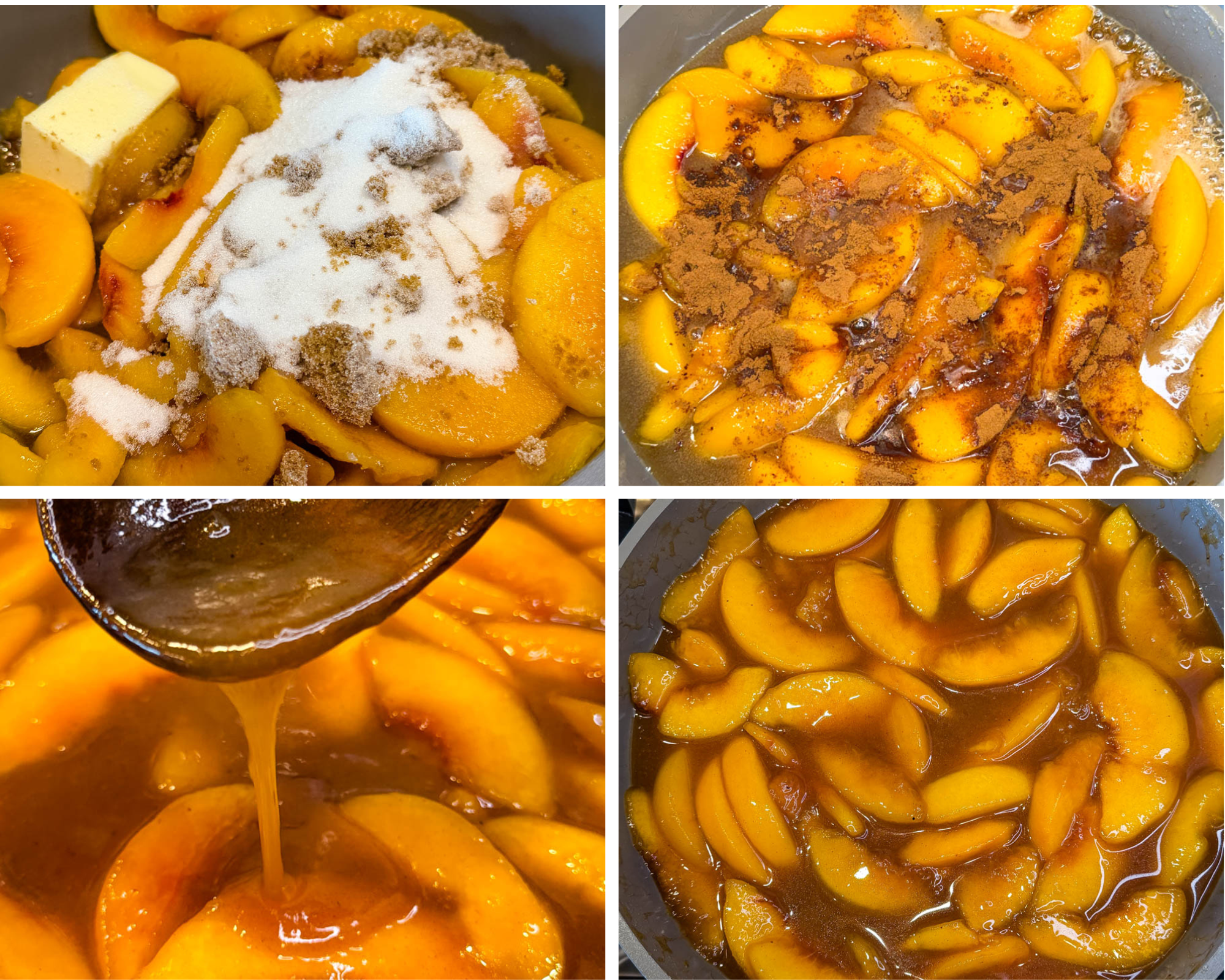 Step-by-step collage showing sliced peaches cooked with butter, brown and granulated sugar, cinnamon, and other seasonings until the filling is thick, glossy, and caramel-colored.