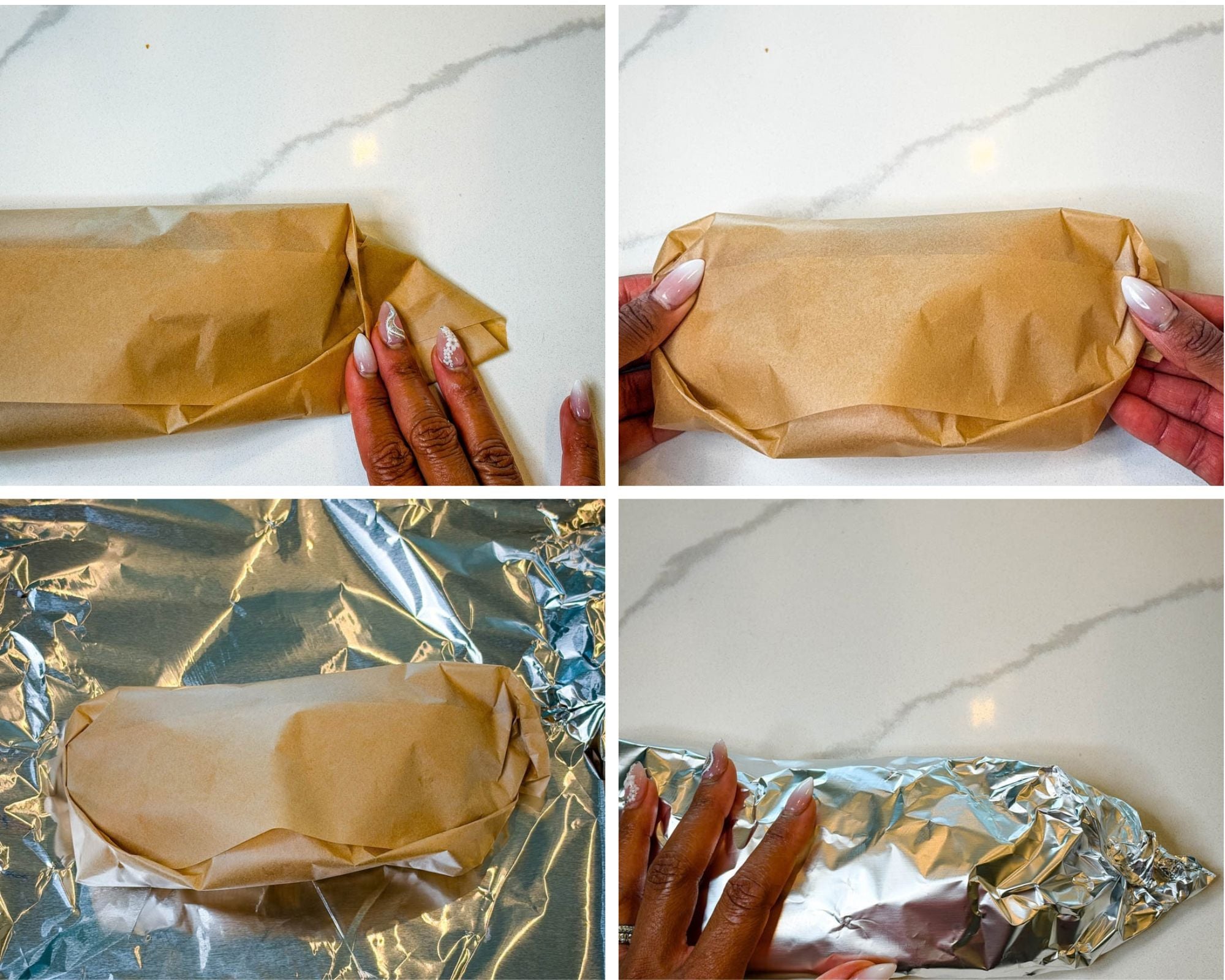 Step-by-step collage showing a croissant breakfast sandwich wrapped first in parchment paper and then tightly in aluminum foil for freezer storage.
