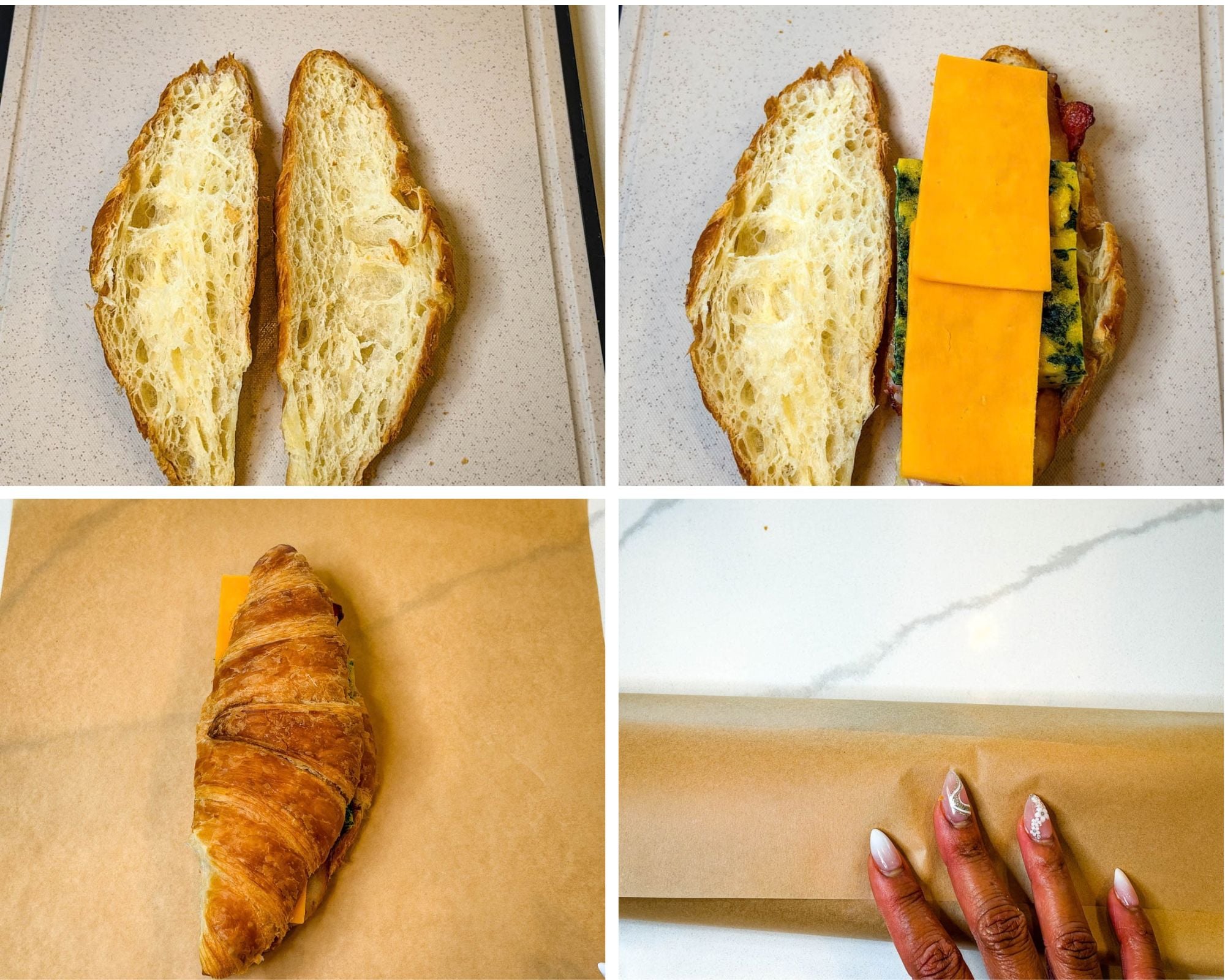 Step-by-step collage showing a sliced croissant filled with spinach eggs, bacon, and cheddar cheese, then wrapped in parchment paper for storage or freezing.