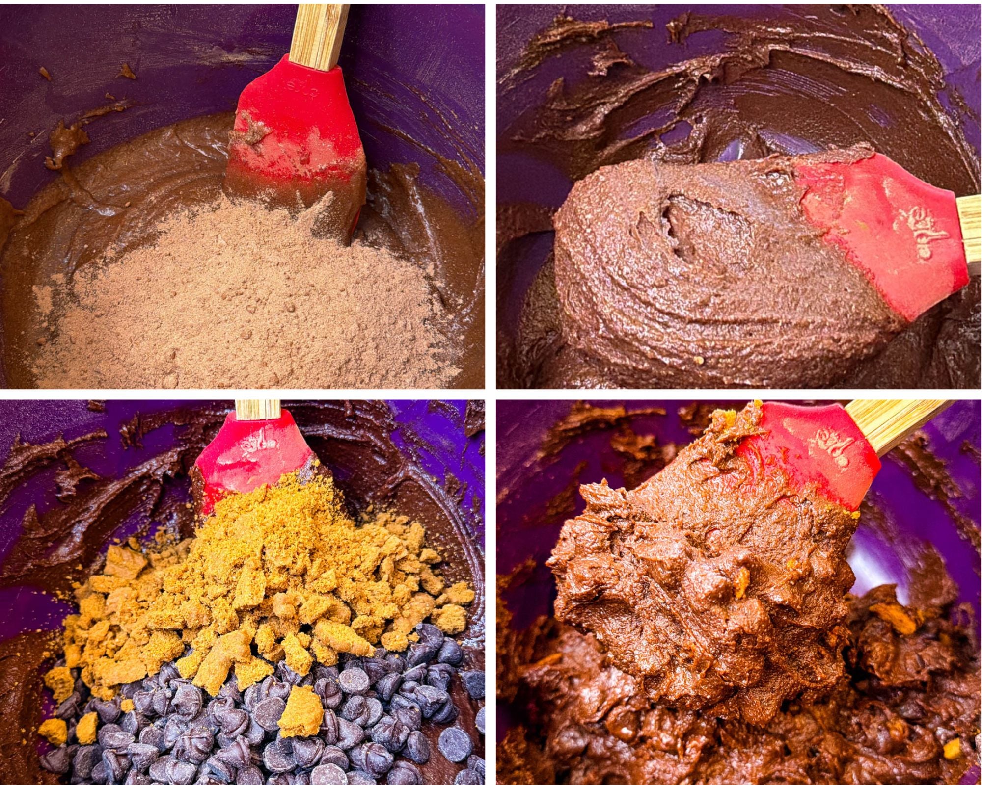 Four-step collage showing Biscoff brownie batter being mixed in a purple bowl, including cocoa mixture, chocolate batter, chocolate chips, and crushed Biscoff cookies folded into the batter.