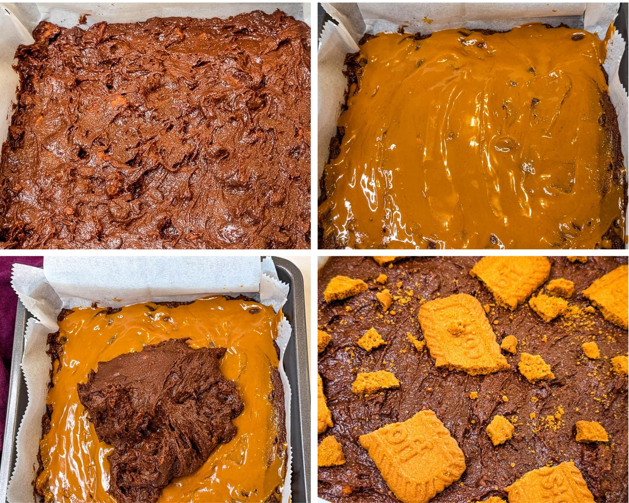 Four-step collage showing Biscoff brownie batter spread into a parchment-lined baking pan, topped with a layer of melted cookie butter, more brownie batter, and pieces of Biscoff cookies.