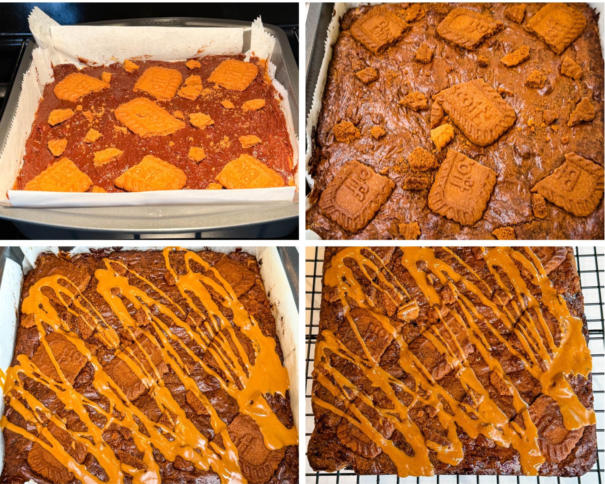 Four-step collage showing Biscoff brownies before and after baking, topped with Biscoff cookies and finished with a generous drizzle of melted cookie butter.