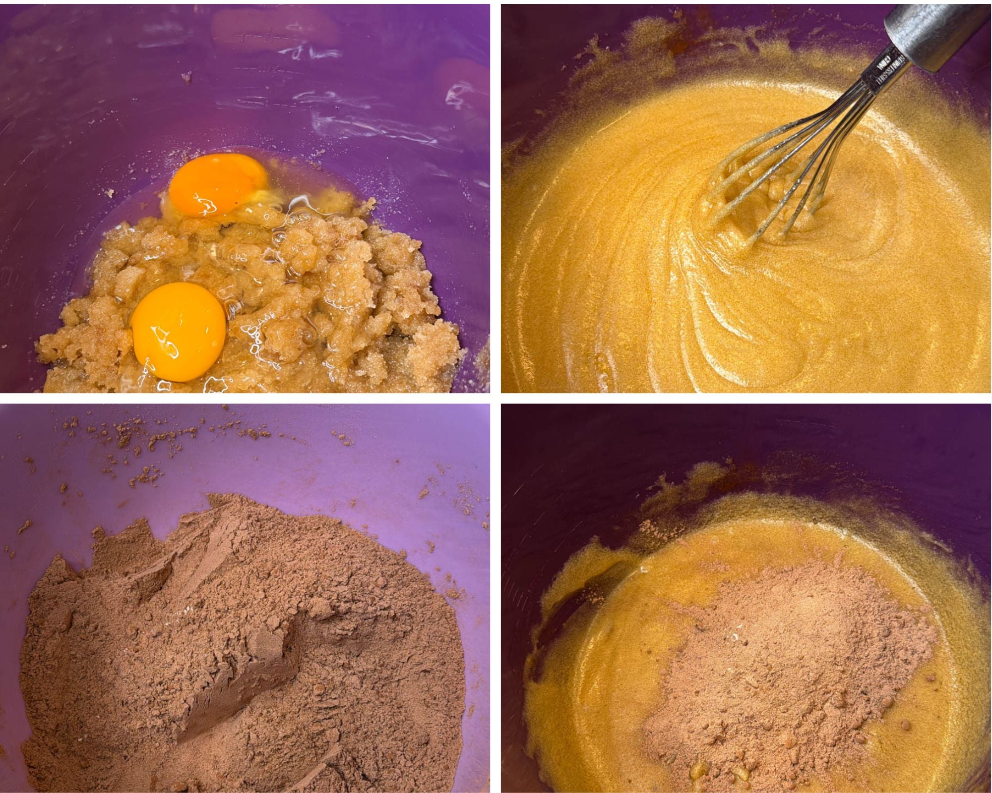 Four-step collage showing brown sugar and eggs being whisked together, followed by cocoa powder being added to the wet ingredients while making Biscoff brownie batter.