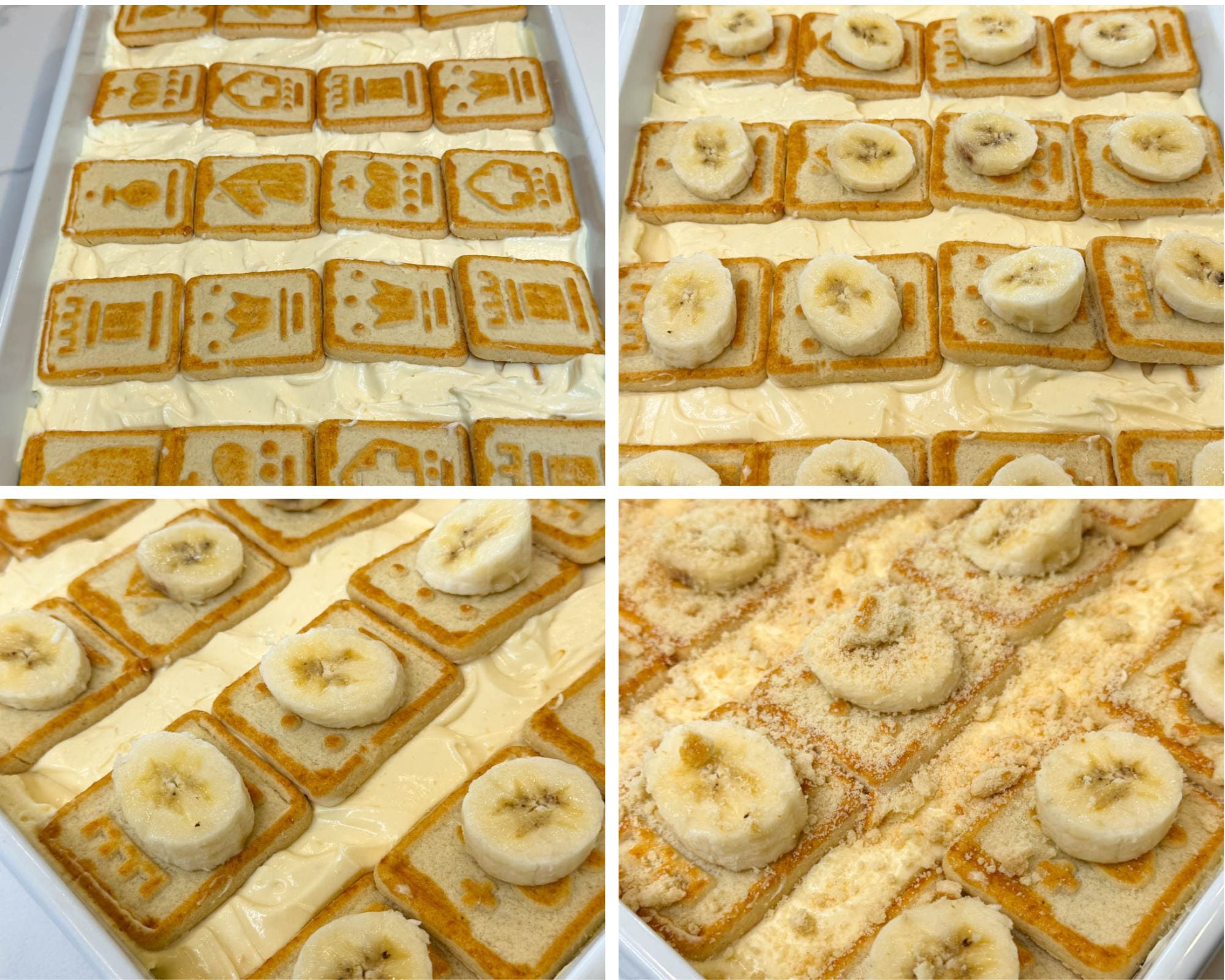 Four-photo collage showing the assembly of Chessman banana pudding with layers of creamy pudding, Chessman cookies, fresh banana slices, and crushed cookies on top.