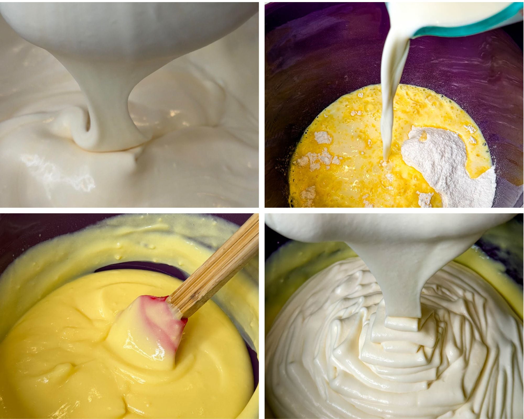 Four-photo collage showing the creamy mixtures used for Chessman banana pudding, including pudding being mixed with milk and whipped cream beaten until thick and fluffy.
