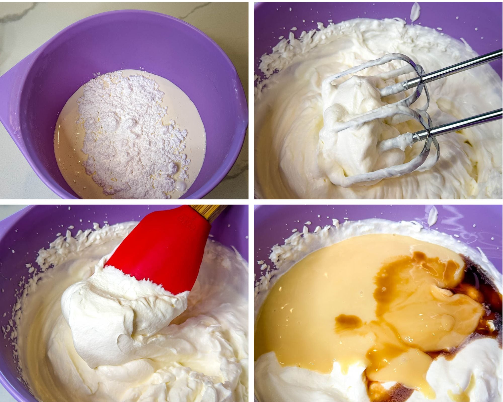 Four-photo collage showing steps for making the creamy Chessman banana pudding filling, including whipped cream, pudding mixture, and condensed milk being combined.