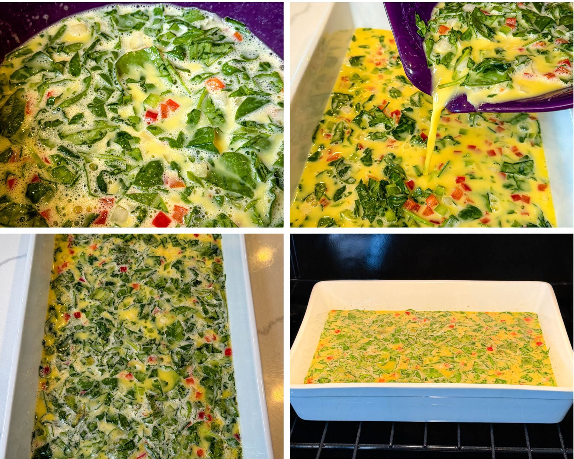 Step-by-step collage showing a spinach, bell pepper, and onion egg mixture being poured into a baking dish and baked for croissant breakfast sandwiches.