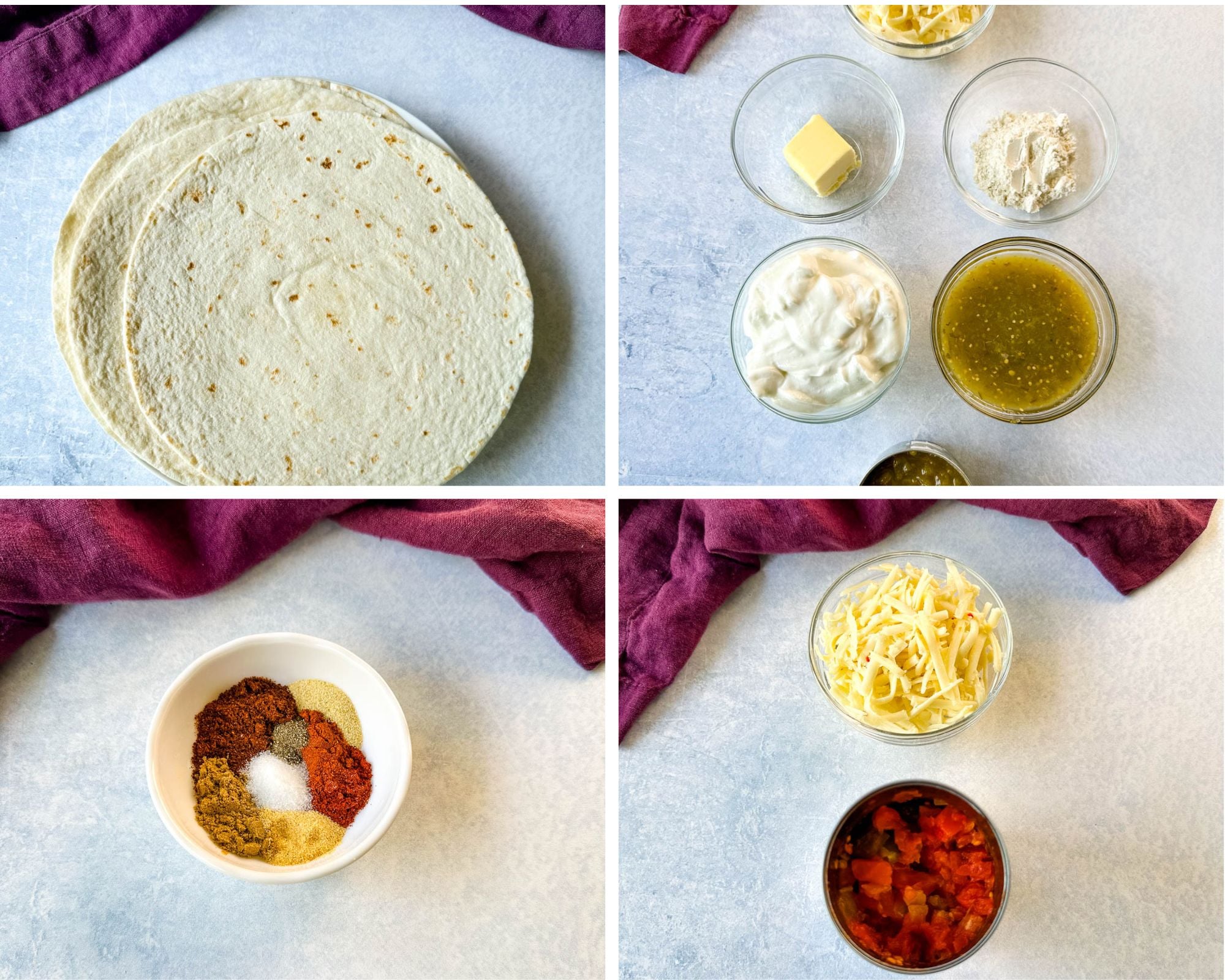 Flour tortillas for assembling creamy shrimp enchiladas, along with butter, flour, sour cream, green salsa, and shredded cheese for the white enchilada sauce. A blend of seasonings is shown for seasoning the shrimp, along with shredded cheese and diced tomatoes with green chiles for the enchilada filling.