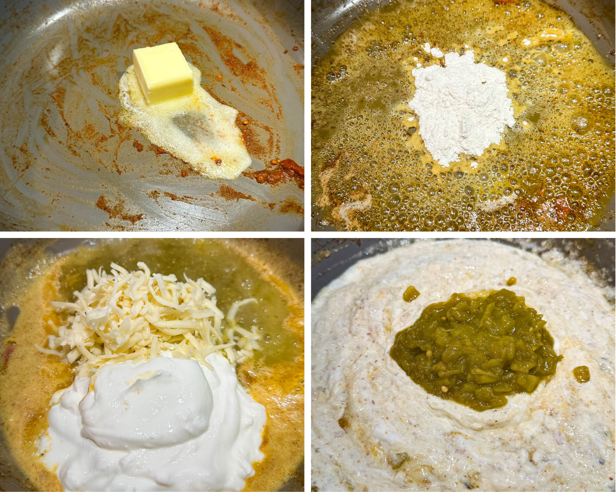 Seasoned shrimp cooking in a skillet until browned, followed by diced tomatoes and green chiles added to the shrimp to create the filling for creamy shrimp enchiladas.