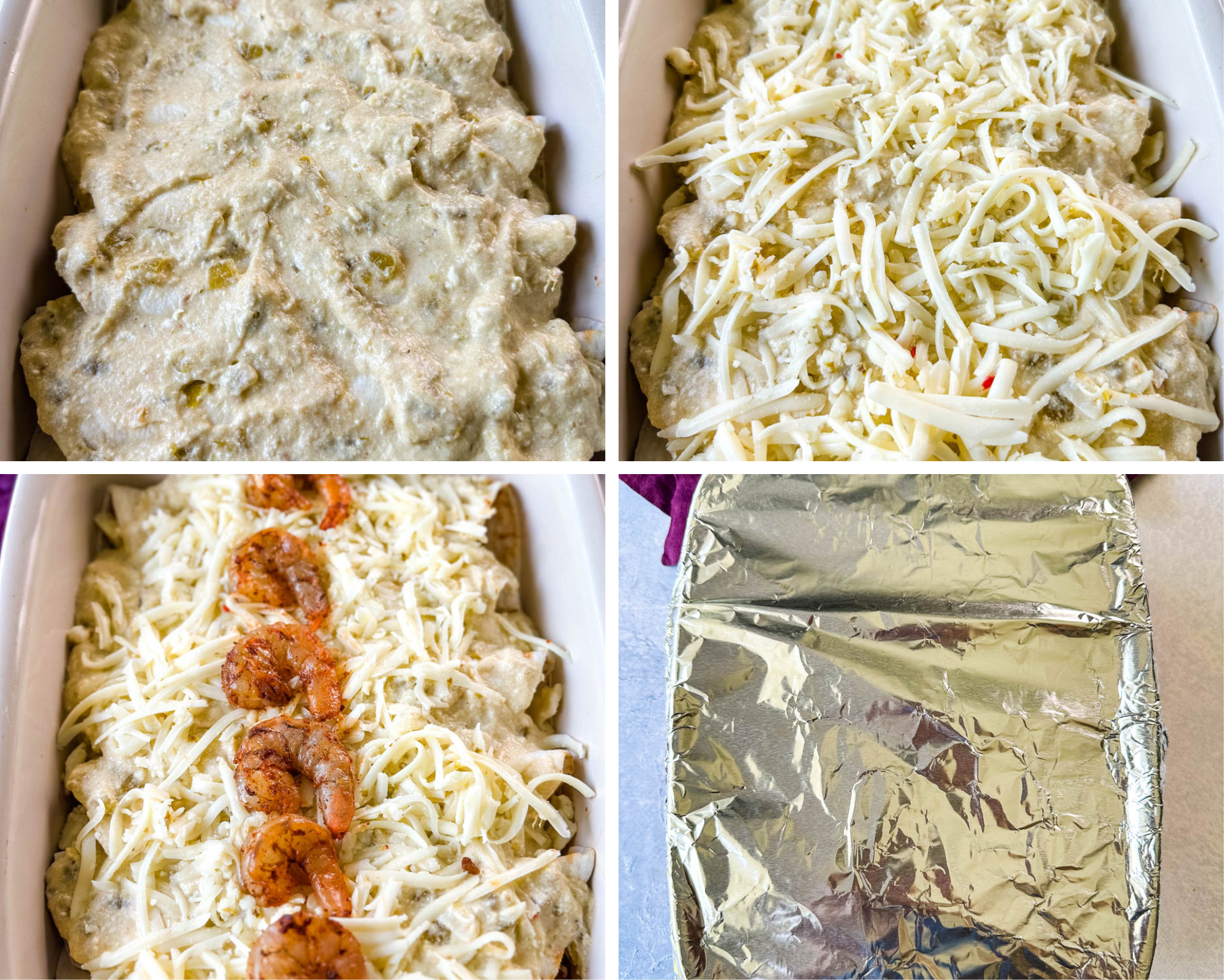 Rolled shrimp enchiladas covered with creamy white sauce, topped with shredded cheese and seasoned shrimp, then covered with aluminum foil in a baking dish before baking.