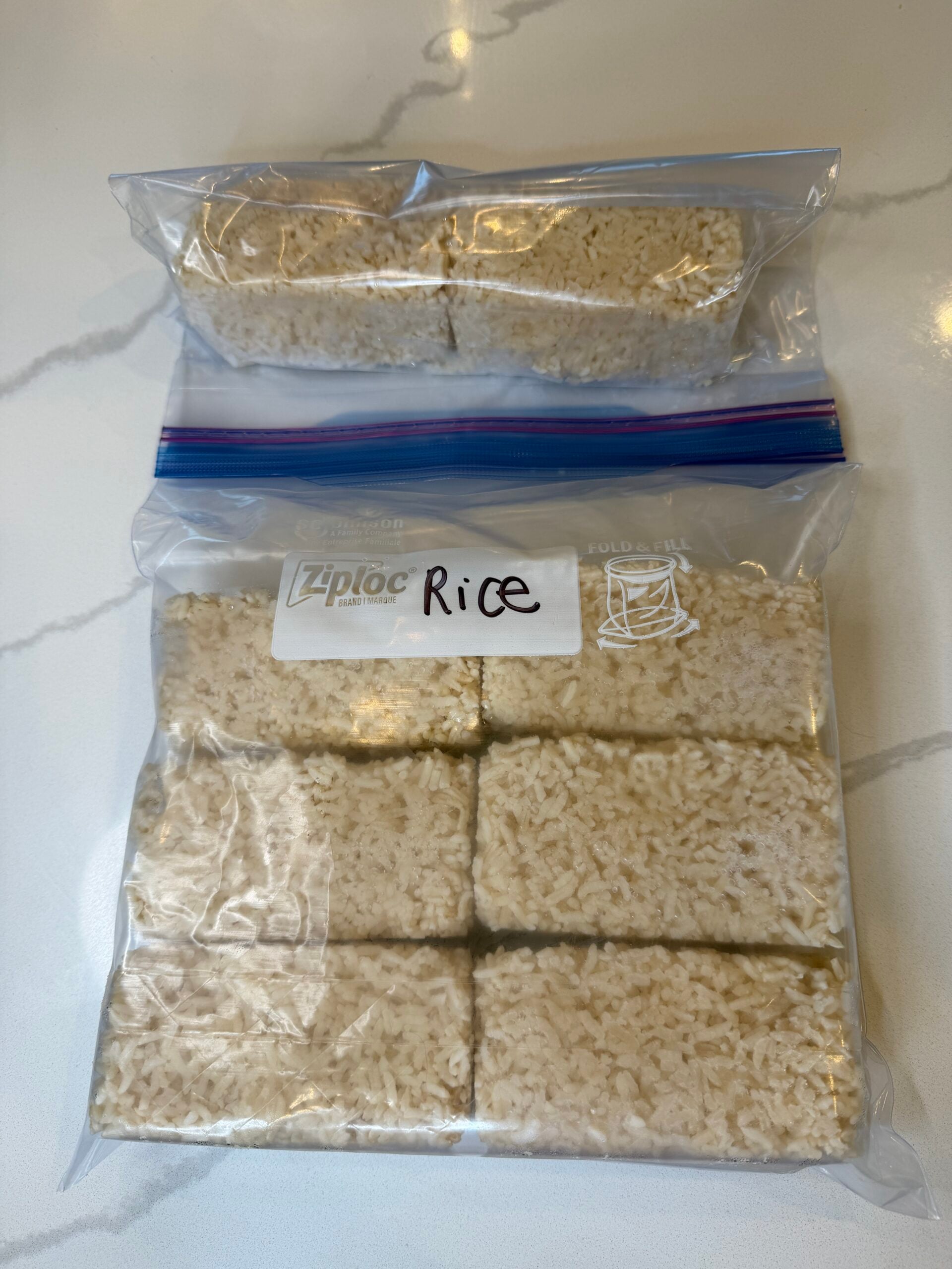 frozen rice in a plastic freezer bag